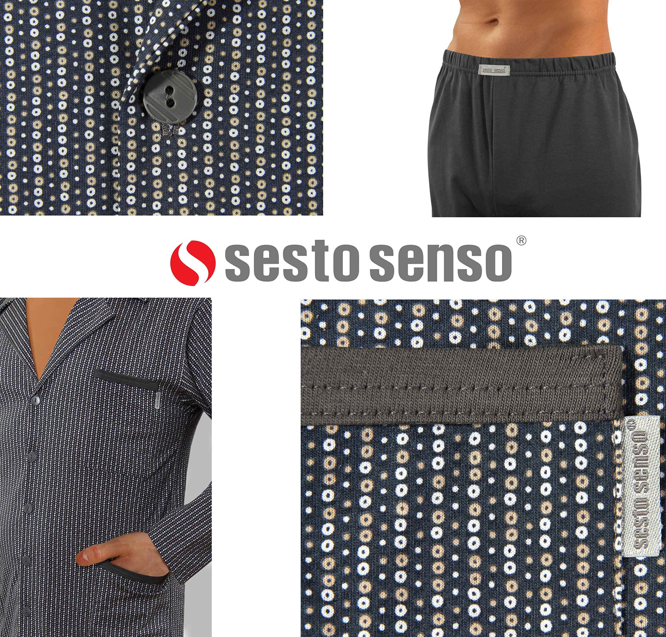 sesto senso Eleganter Herren Schlafanzug Lang zum Knöpfen 100% Baumwolle Pyjama mit Knopfleiste