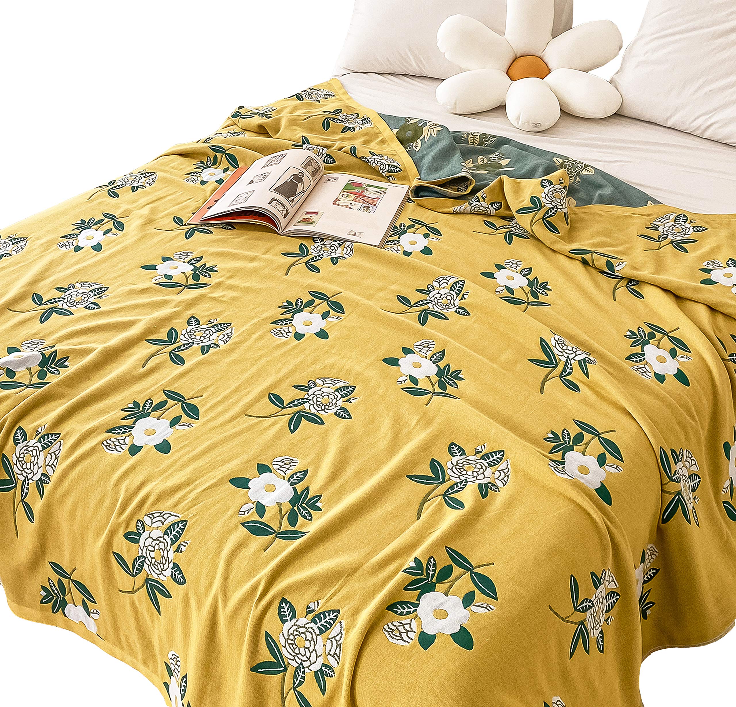 Scientific Sleep Flower Camellia 100% Cotton Muslin Blanket Throw Cover for Bed, Couch & Sofa, Cozy Soft Lightweight Warm ...