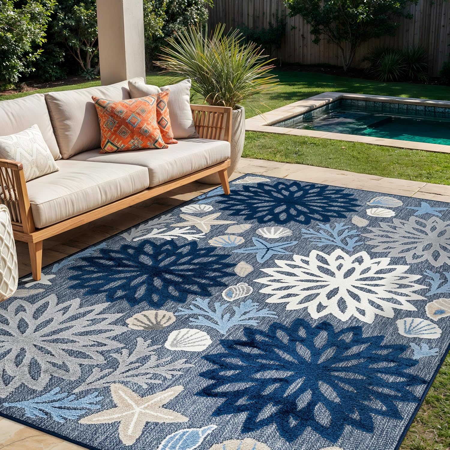 Rugshop Indoor/Outdoor High-Low Textured Area Rug, Coastal Floral, Easy-Clean Patio Rug for Porch Deck Balcony 5' x 7' Navy