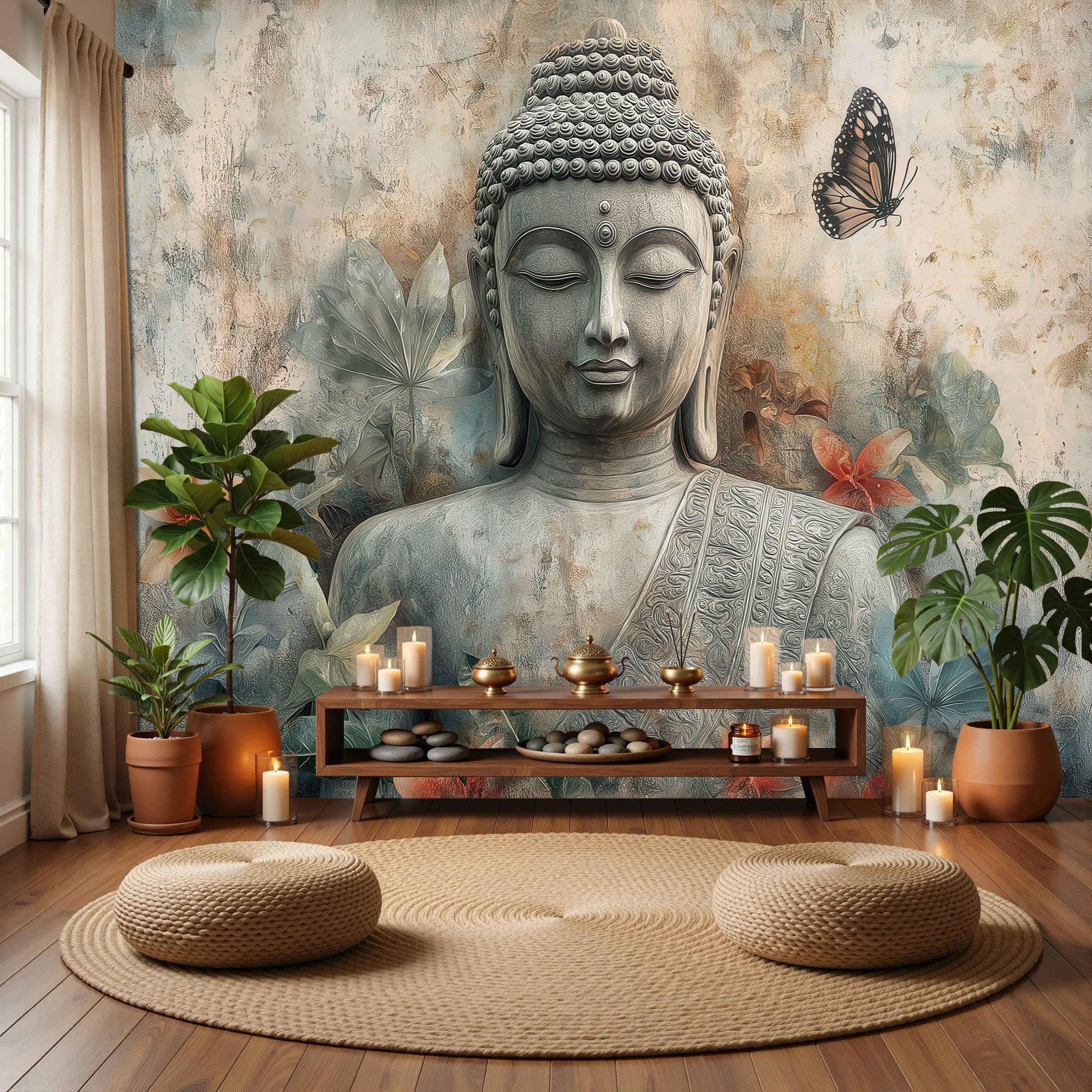 DLERFLOVR Zen Art Wall Murals, 400x280cm Retro Buddha Statue Photo Wallpaper Silk Wall Covering 3D Effect Poster Picture for Living Room Bedroom Office Wall Home Decoration, Beige
