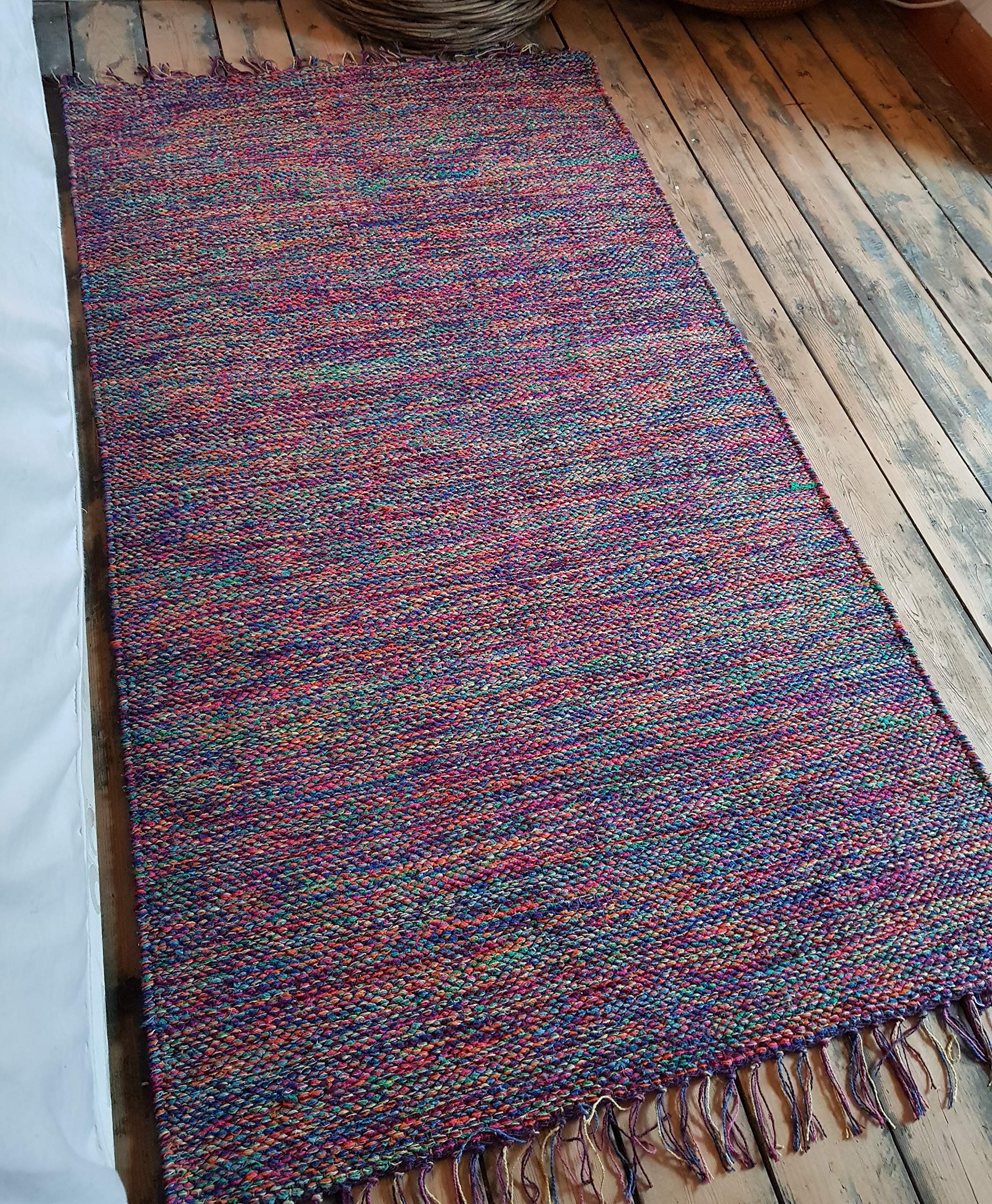 Scandi style Hand Loomed Cotton Rainbow Rug in Multi Colours 120x180cm Reversible medium size modern rug