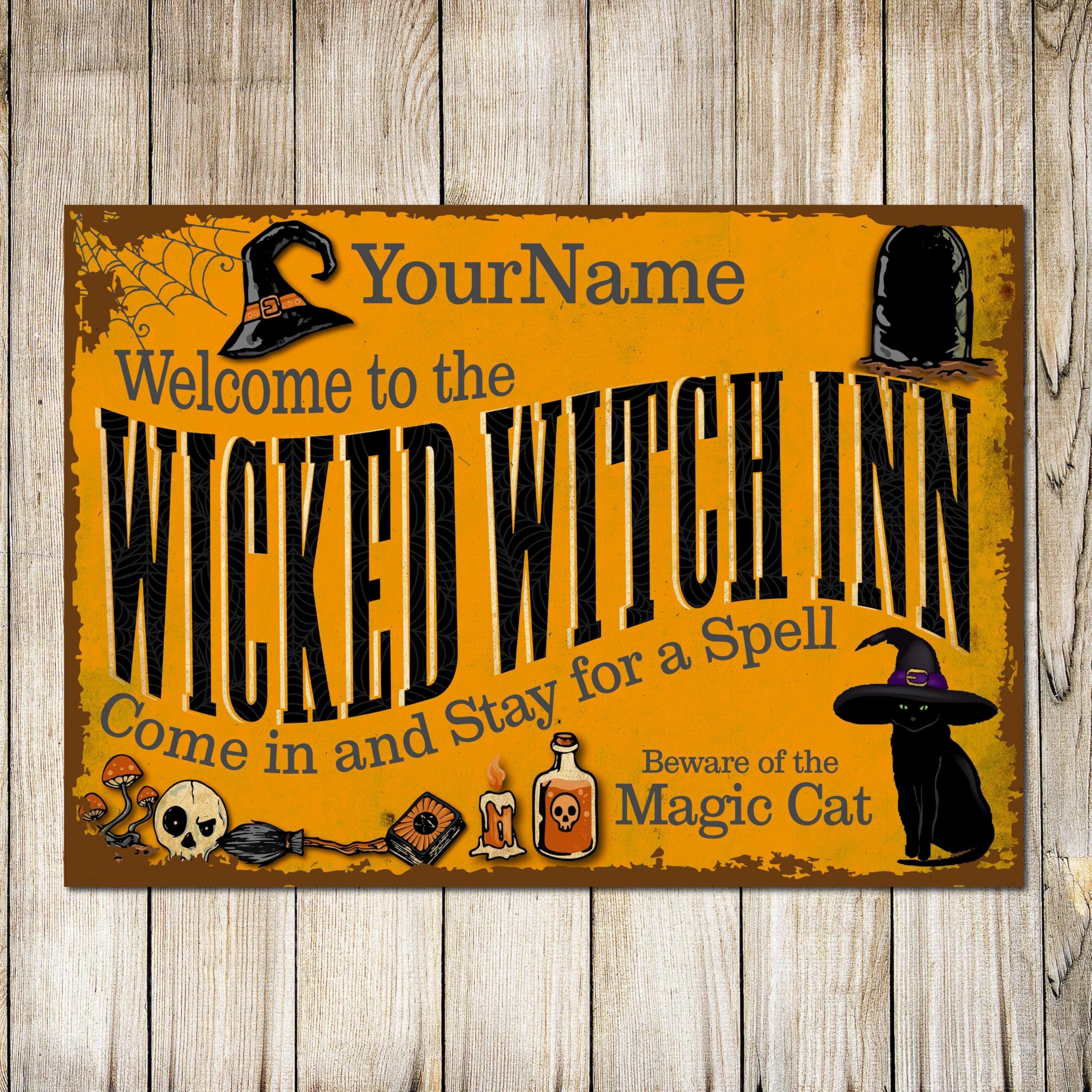 My Pixel Print Metal Personalised Witch Inn Black Cat Stay Spell Sign Halloween Photo Prop Party Decor Plaque