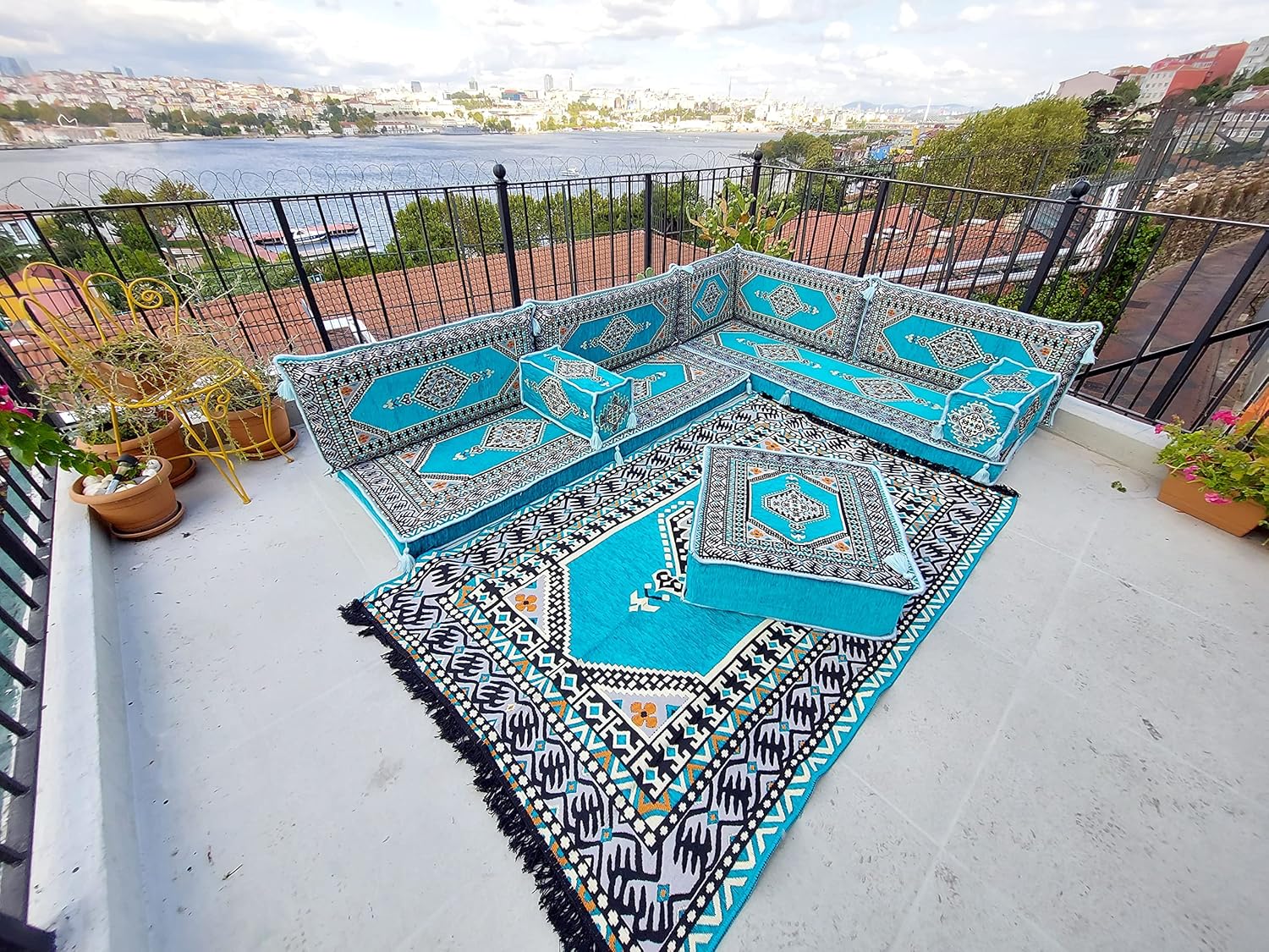 arabicsofa Light Blue L Shaped Moroccan Majlis Seating – Arabic Sectional Floor Sofa Set – Modular Corner Sofa Set