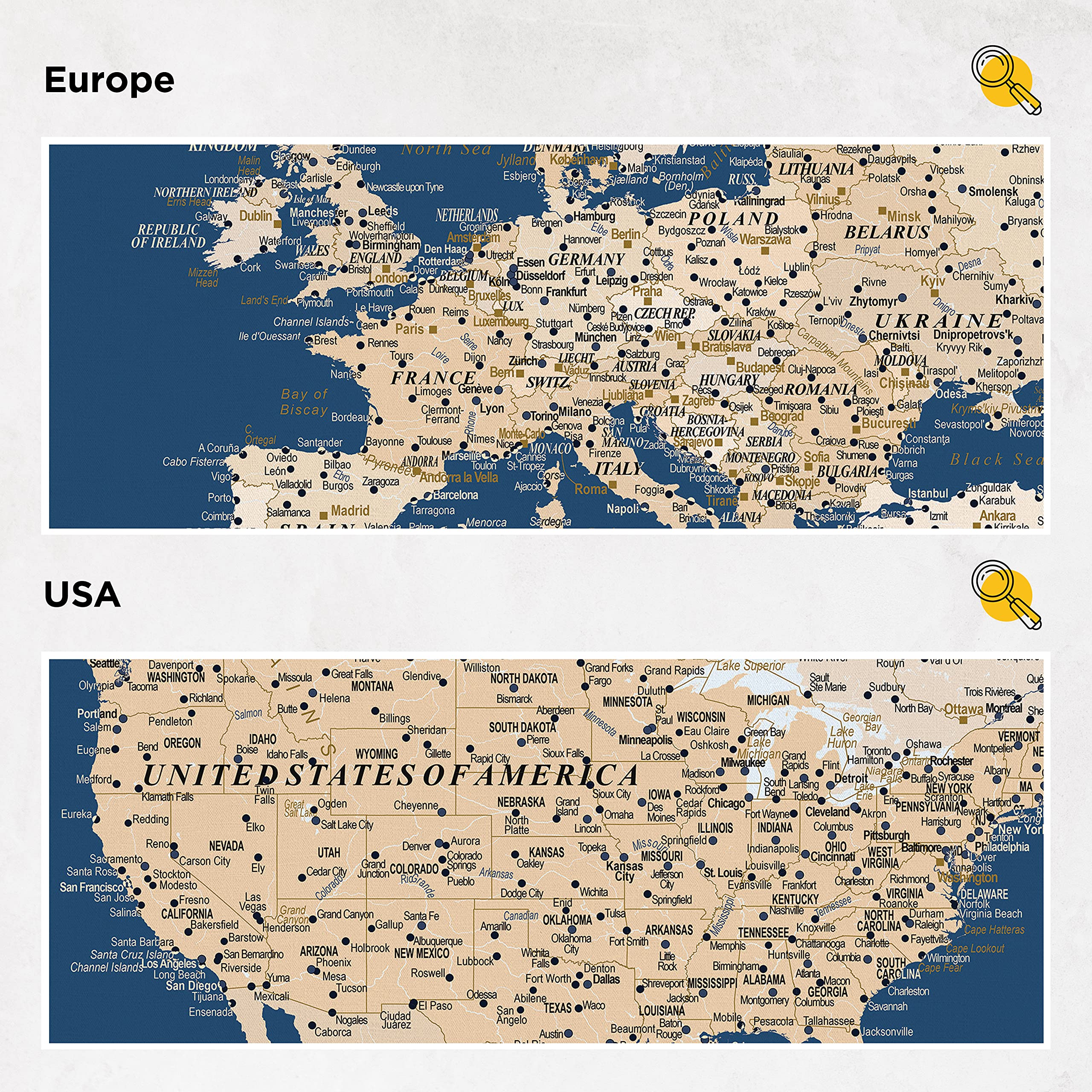 Trip Map Planisfero da Parete – Mappa del mondo - Quadro su tela incorniciato con 100 puntine incluse – Cartina geografica mondo in Blu Scuro - 3 dimensioni