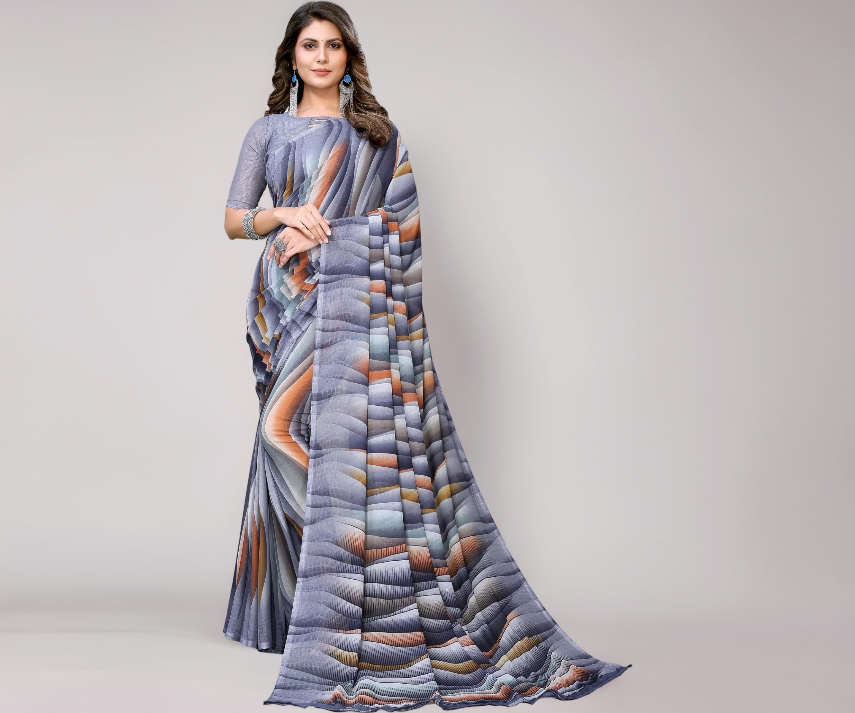 Yashika Women's Trendy Printed Georgette Purple Color Saree with Blouse Material