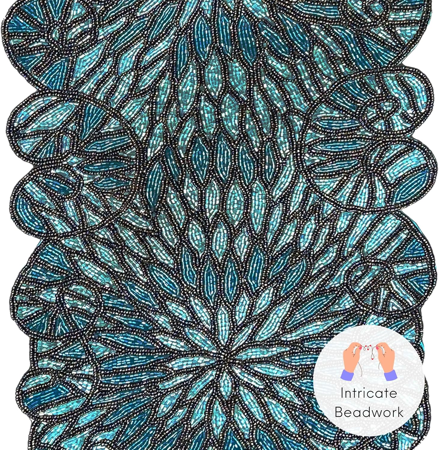 Festive Beaded Table Runner - 13x36 Handmade Stone Sapphire Beaded Table Runner - Floral Art Deco Design & Durable Polyester Backing for Farmhouse, Bridal & Holiday Décor (Blue Black) - CLEENTABLE