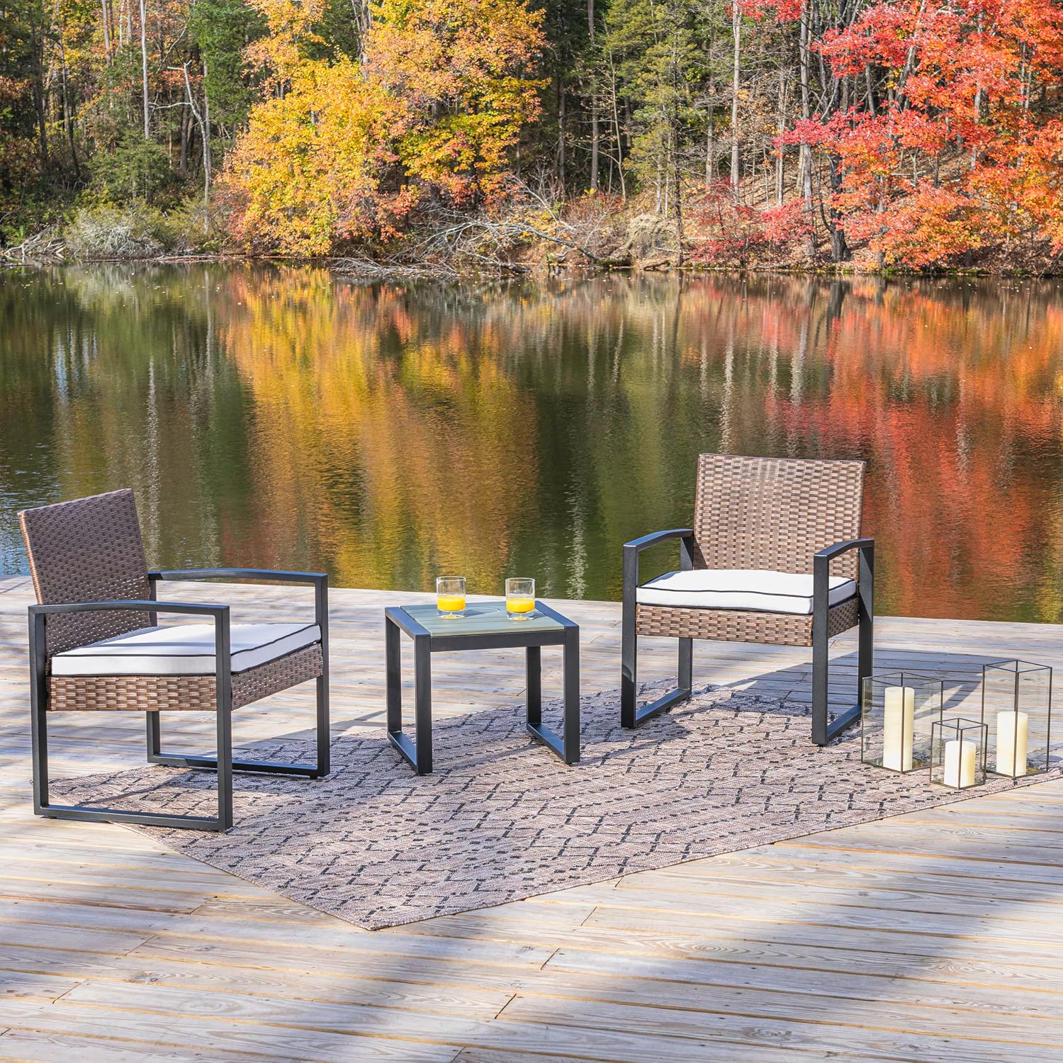 JONATHAN Y Selby Brown/White/Black 3-Piece Woven Rattan and Steel Outdoor Patio Set for Balcony, Modern Conversation Set with Acacia Wood Coffee Table and Removable Cushions LVG1101B-3SET