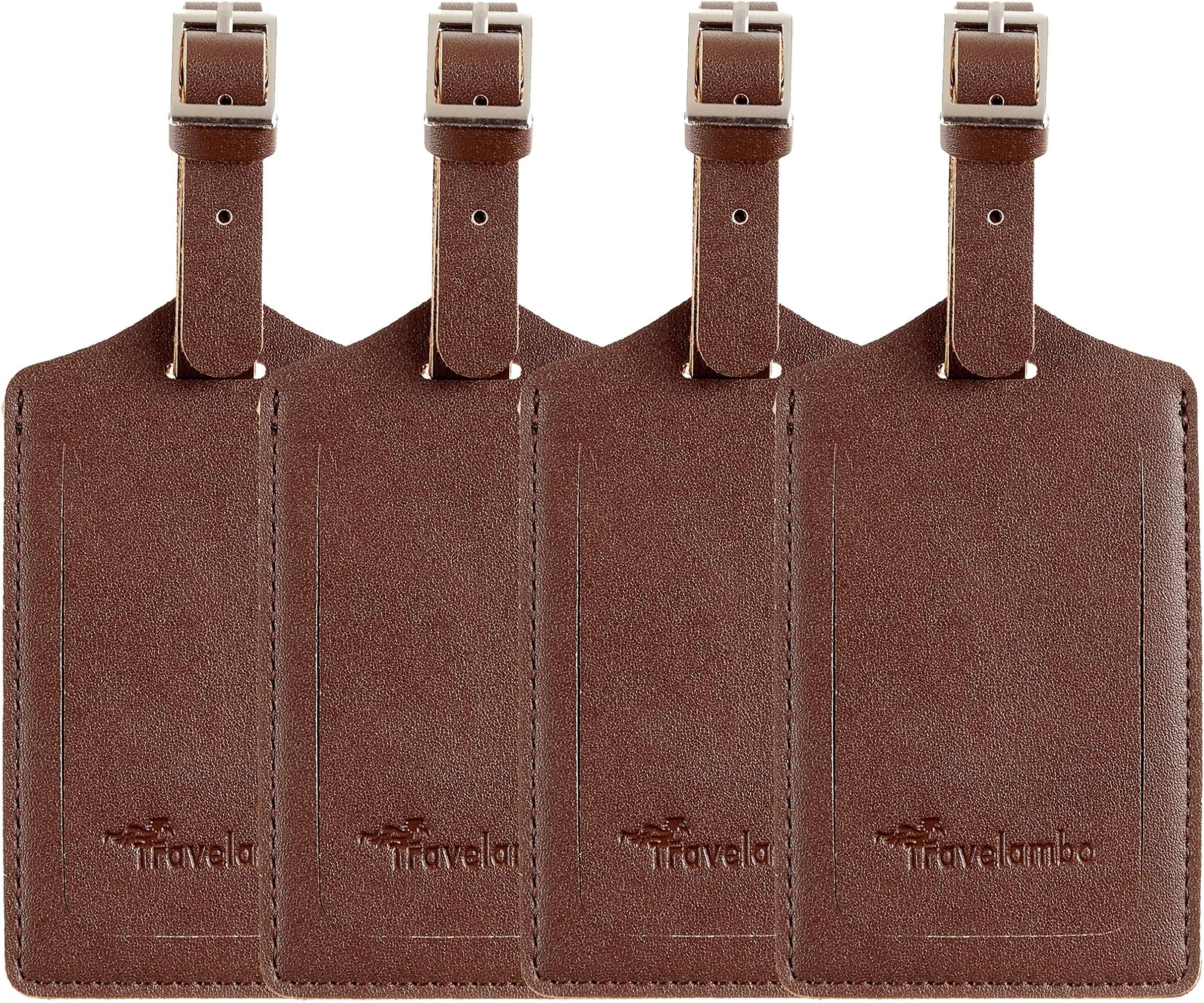 4 Pack Leather Luggage Travel Bag Tags by Travelambo Brown