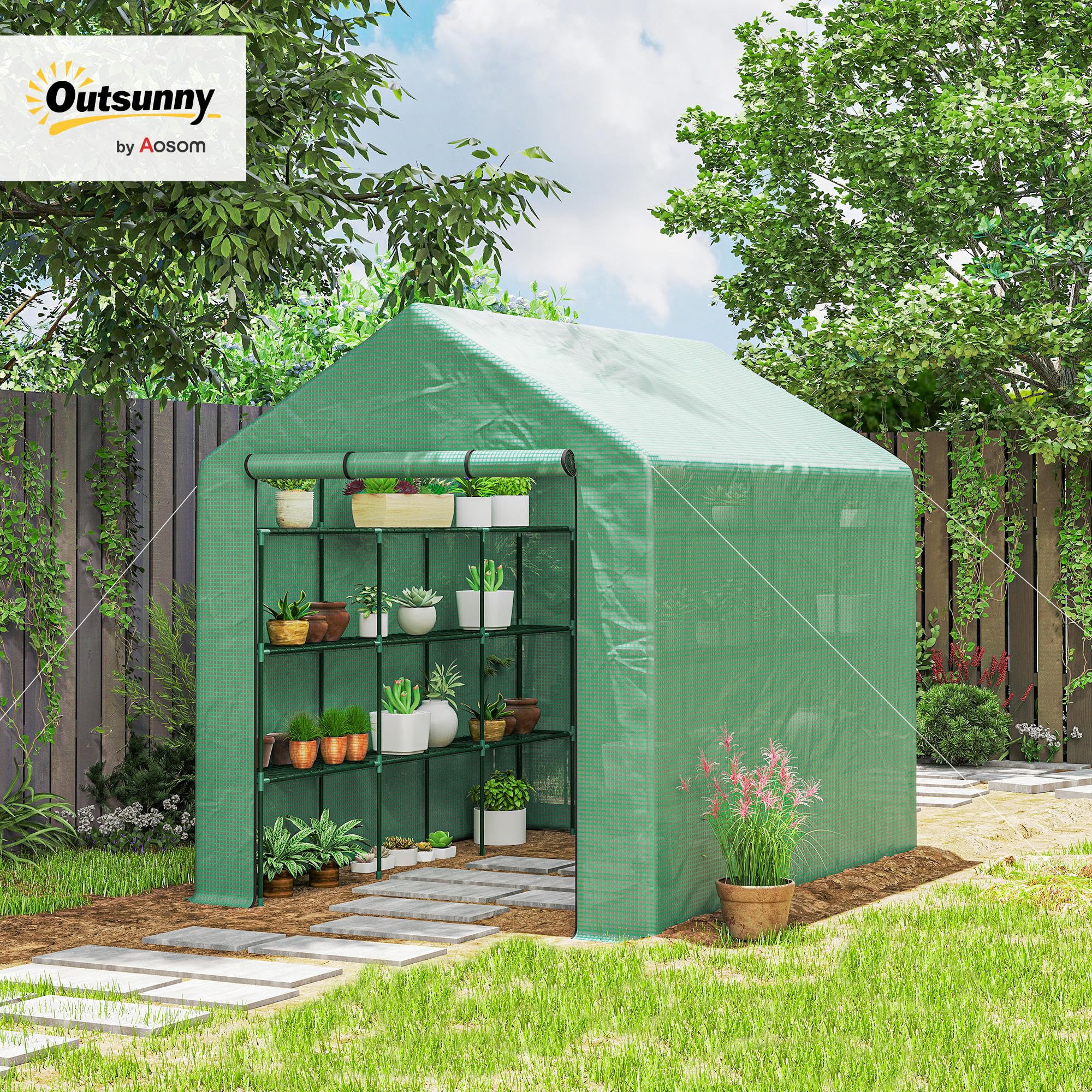 Outsunny Serre de jardin PE avec étagères 4 niveaux, 4,39 m², serre de balcon bâche renforcée 140 g/m², châssis en acier, porte zippée enroulable, pour légumes plantes fleurs, 244 x 180 x 210 cm, vert