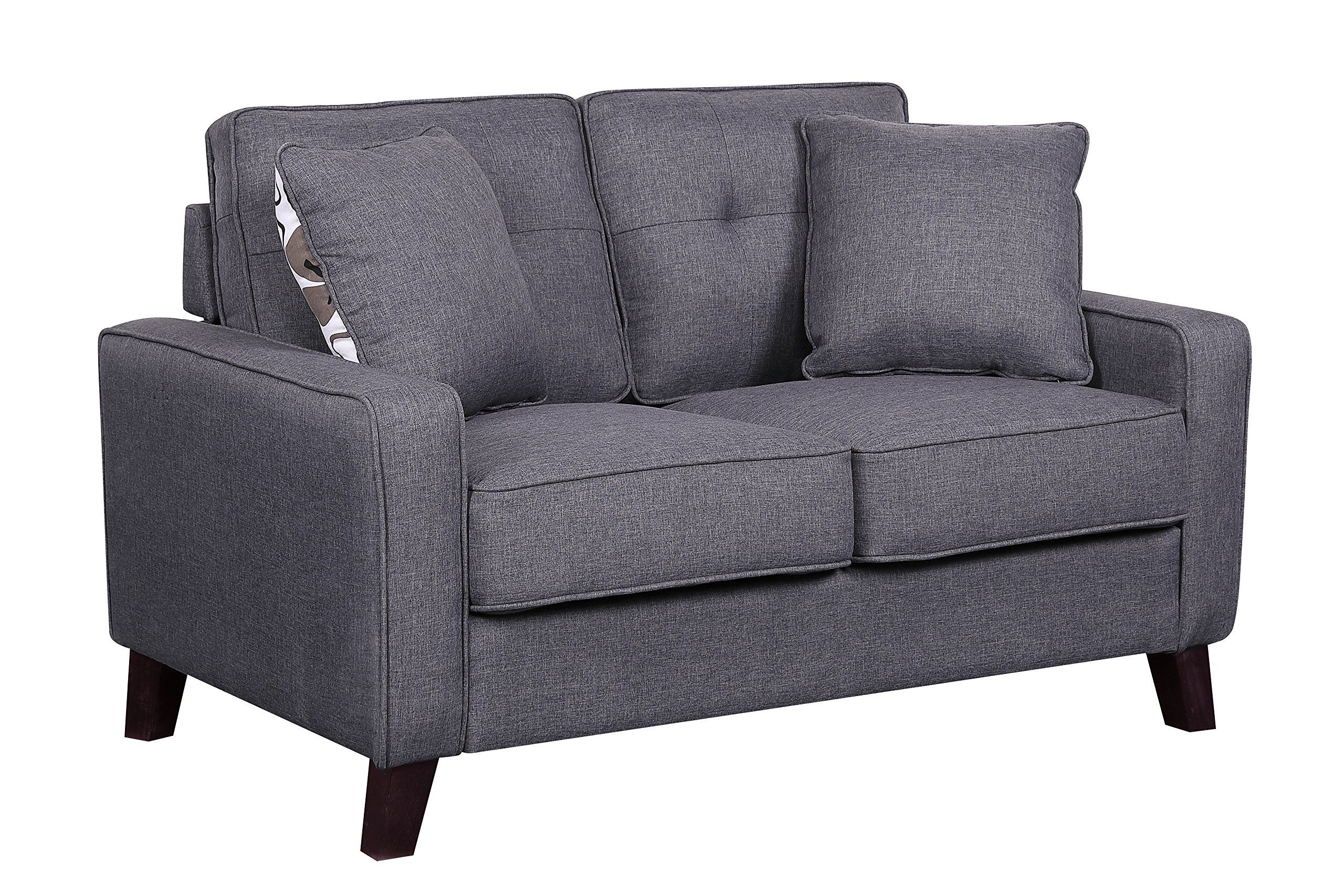 Container Furniture Direct Lillana Linen Upholstered Mid-Century Modern Loveseat with Two Accent Pillows, Dark Grey