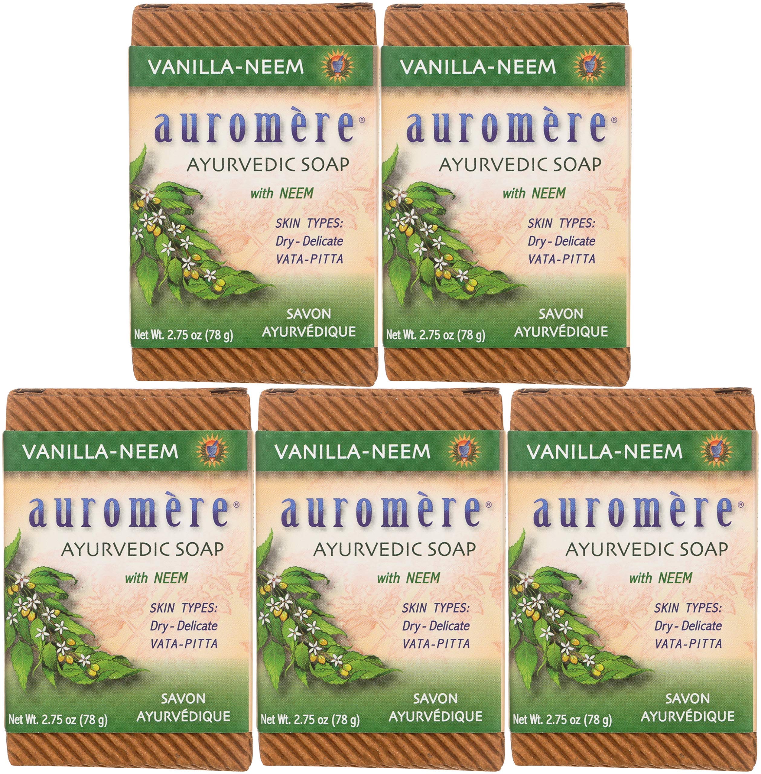 Auromere Ayurvedic Bar Soap, Vanilla Neem - Eco Friendly, Handmade, Vegan, Cruelty Free, Natural, Non GMO (2.75 oz), 5 pack