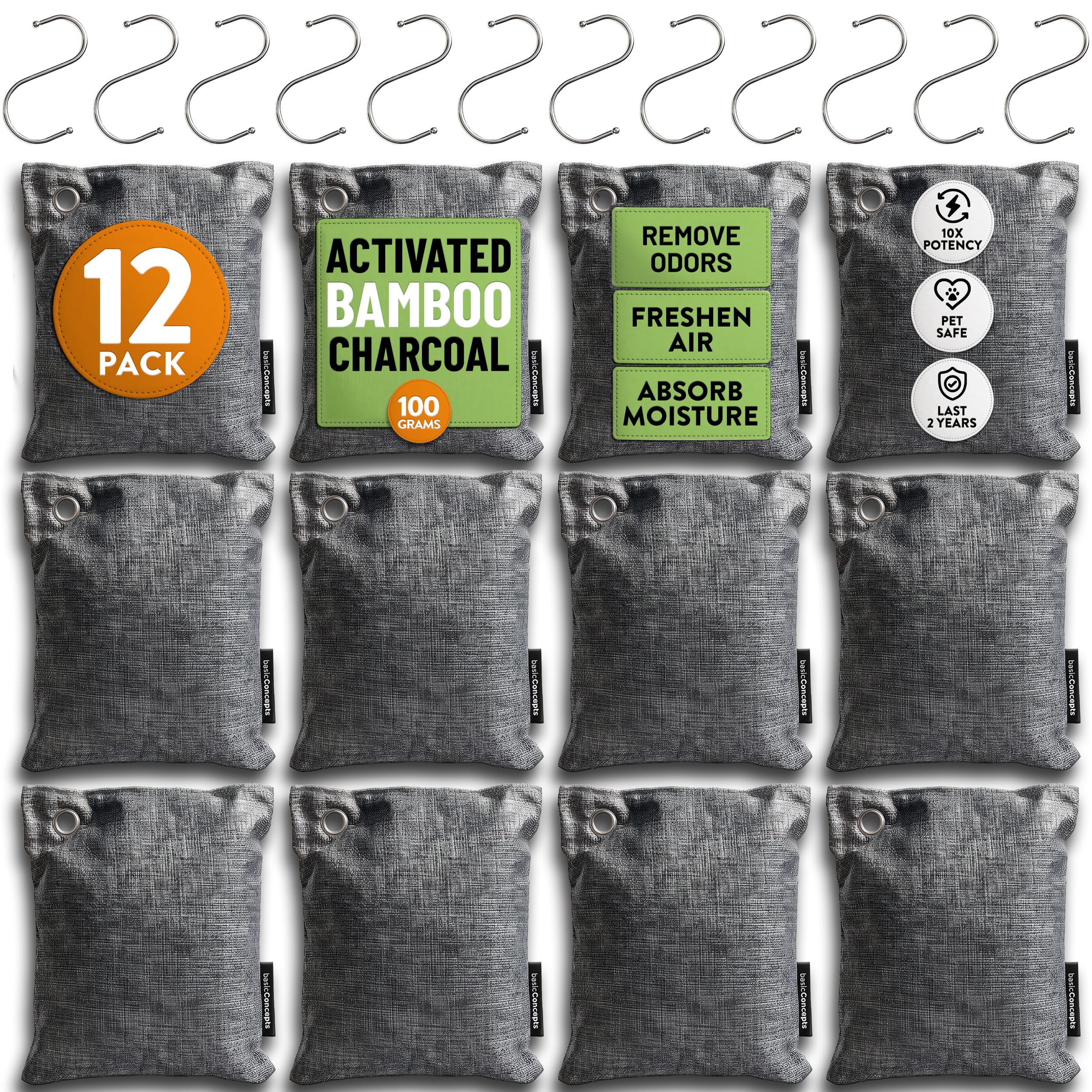 Nature Fresh Bamboo Charcoal Air Purifying Bags (8 Pack), Charcoal Bags Odor Absorber for Home and Car (Pet Friendly) - Charcoal Air Purifying Bags (8 x 200g)