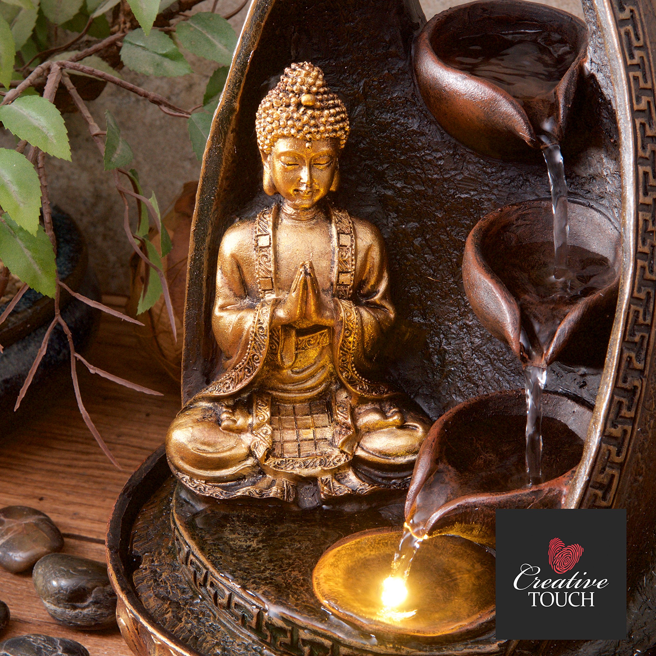 Golden Buddha Prayer with Water Cups Indoor Water Fountain with LED