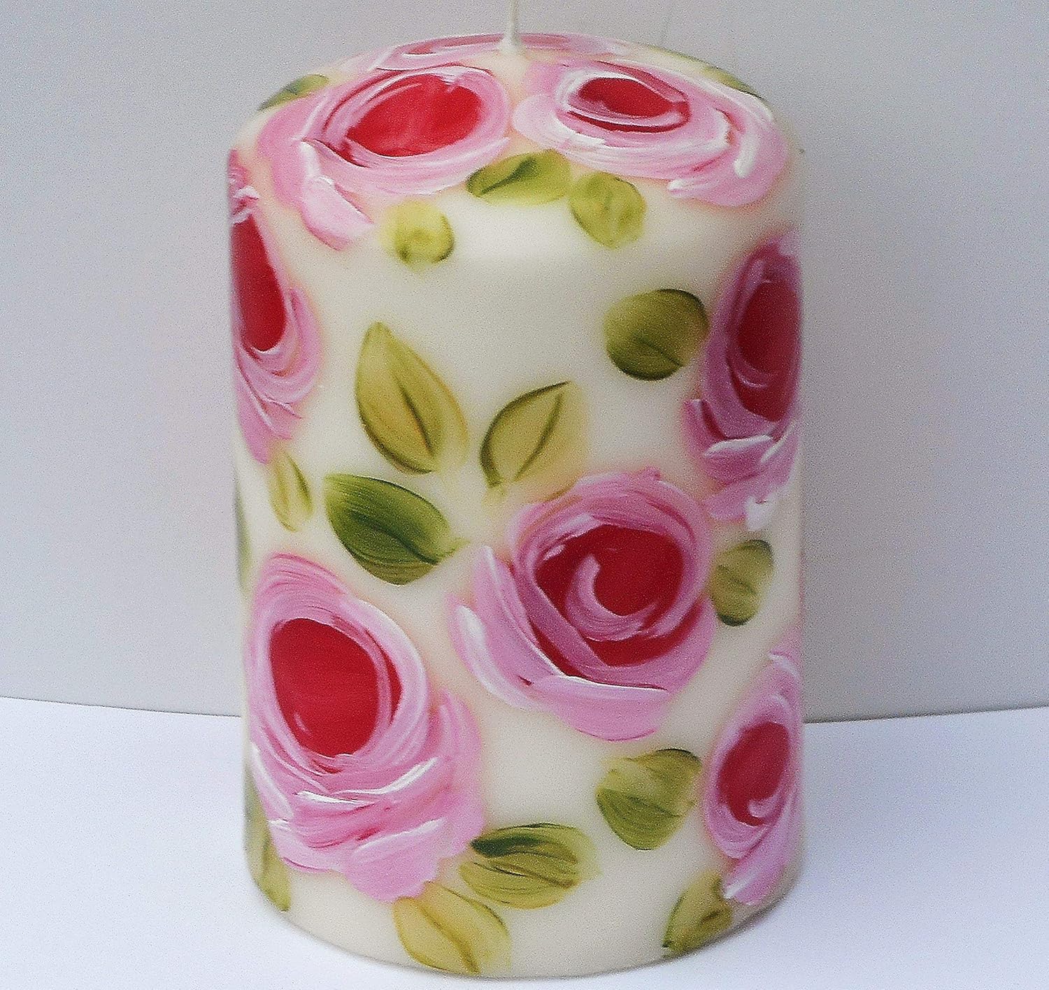 Beautiful Romantic Decorative Hand Painted Pink Roses 4 Inch Tall Off White Ivory Short Pillar Candle Romantic Shabby Chic Decor Spring Summer Flower Decorations