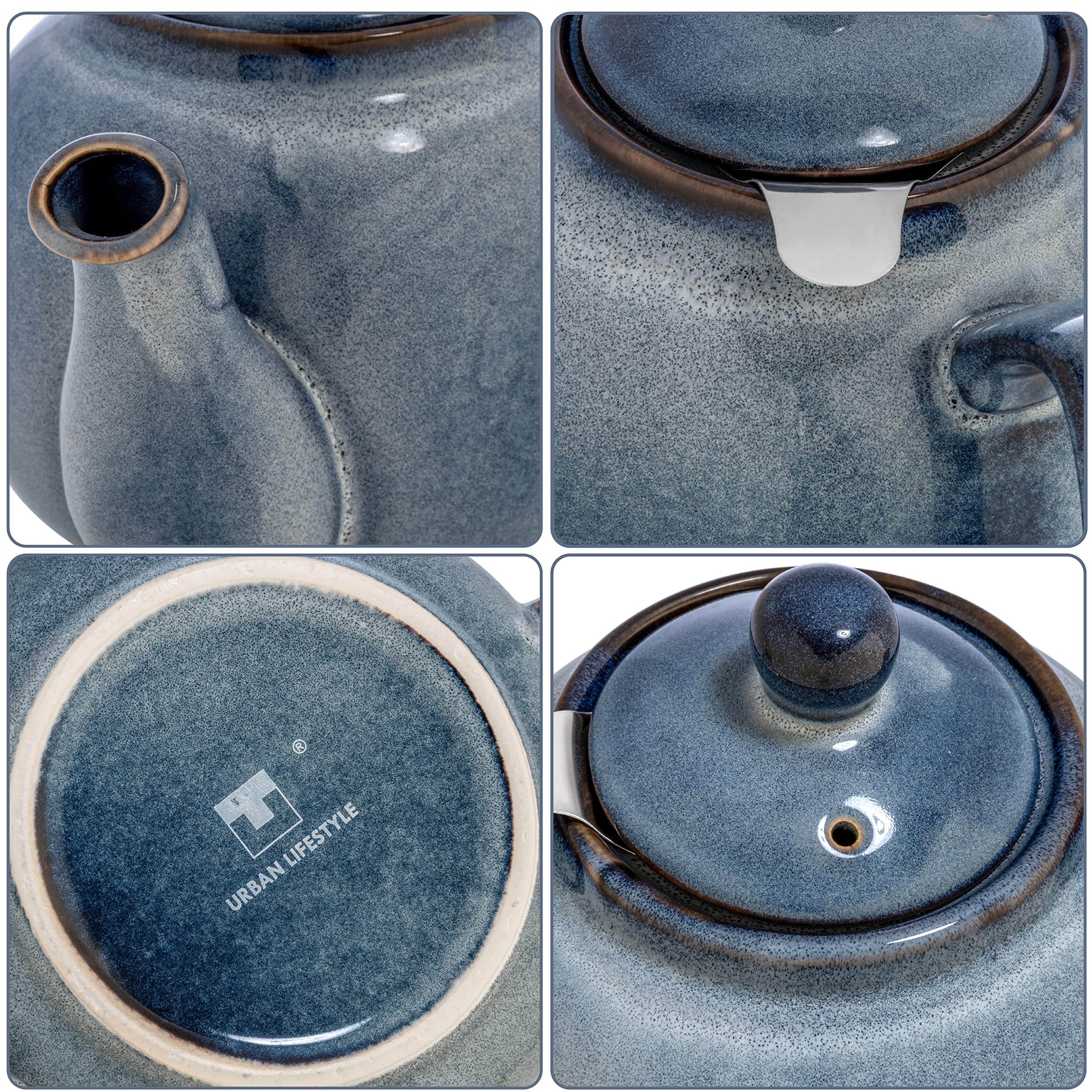 Théière "Bristol" à glaçure dégradée, émaillée à la main (gris-bleu avec filtre) THÉIÈRE THÉIÈRE STYLE CLASSIQUE ANGLAIS 1 litre en céramique fine avec une glaçure adaptée à l'usage alimentaire