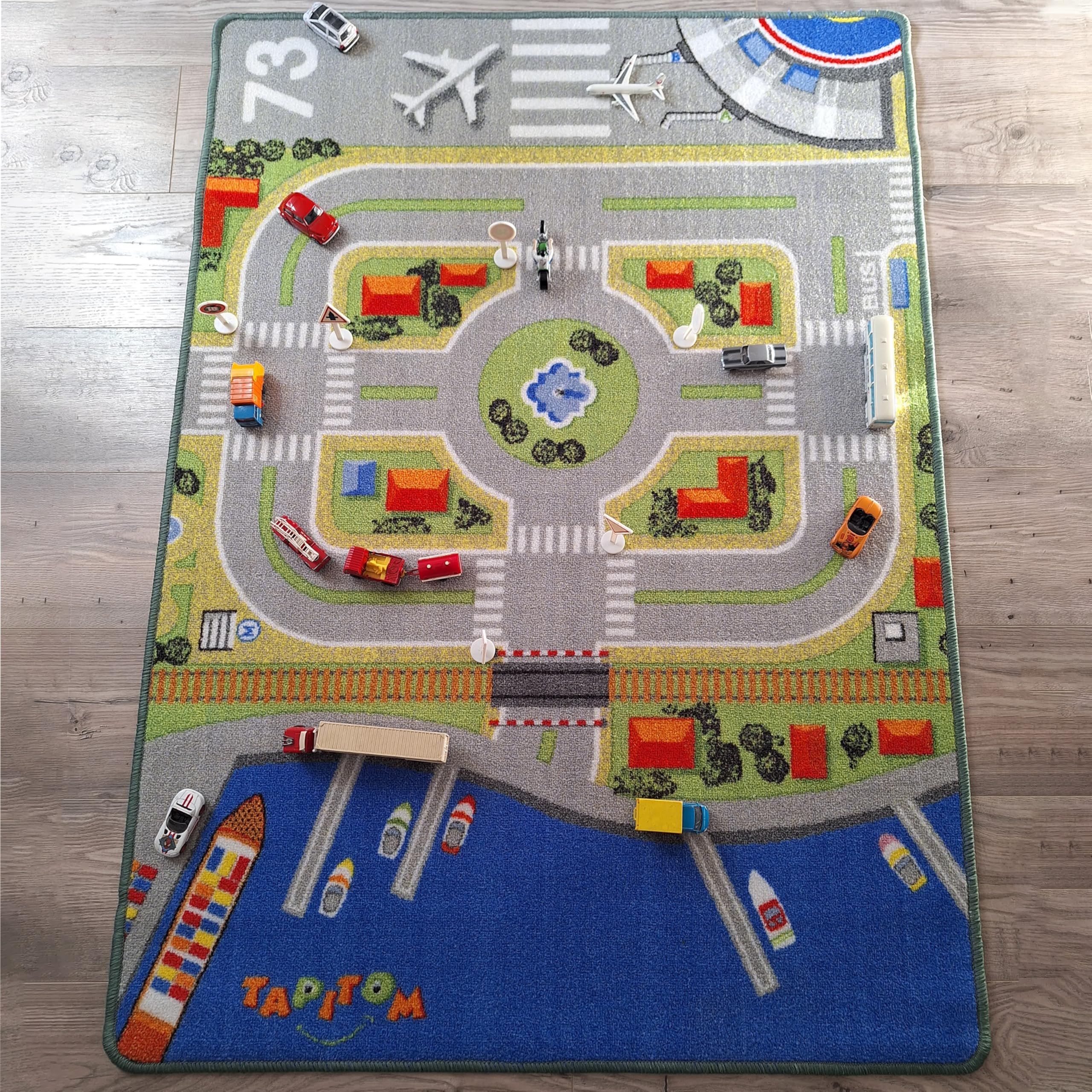Tapis de Jeu Transport Circuit Mobilité pour Voitures, Trains, Avions, Chambre d'enfant, Polyamide, Normes CE (95x133cm)