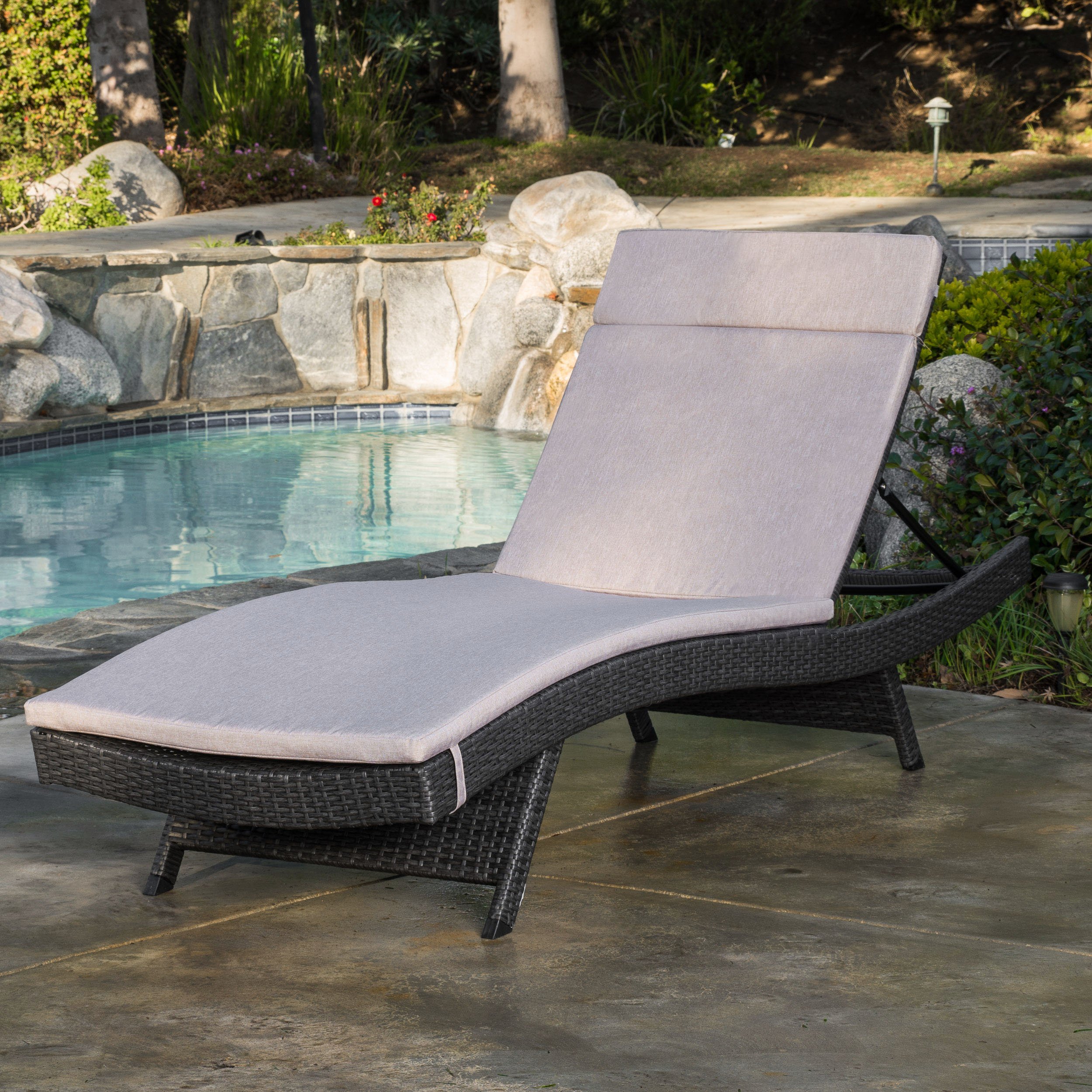 Olivia Outdoor Grey Wicker Adjustable Chaise Lounge with Textured Beige Cushion