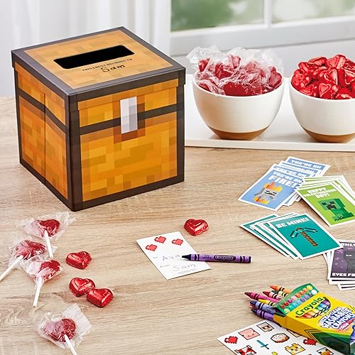 Vista 2 de Hallmark Minecraft Valentines Day Cards and Mailbox for Kids School Classroom Exchange (1 Box, 32 Valentine Cards, 35 Stickers, 1 Teacher Card)
