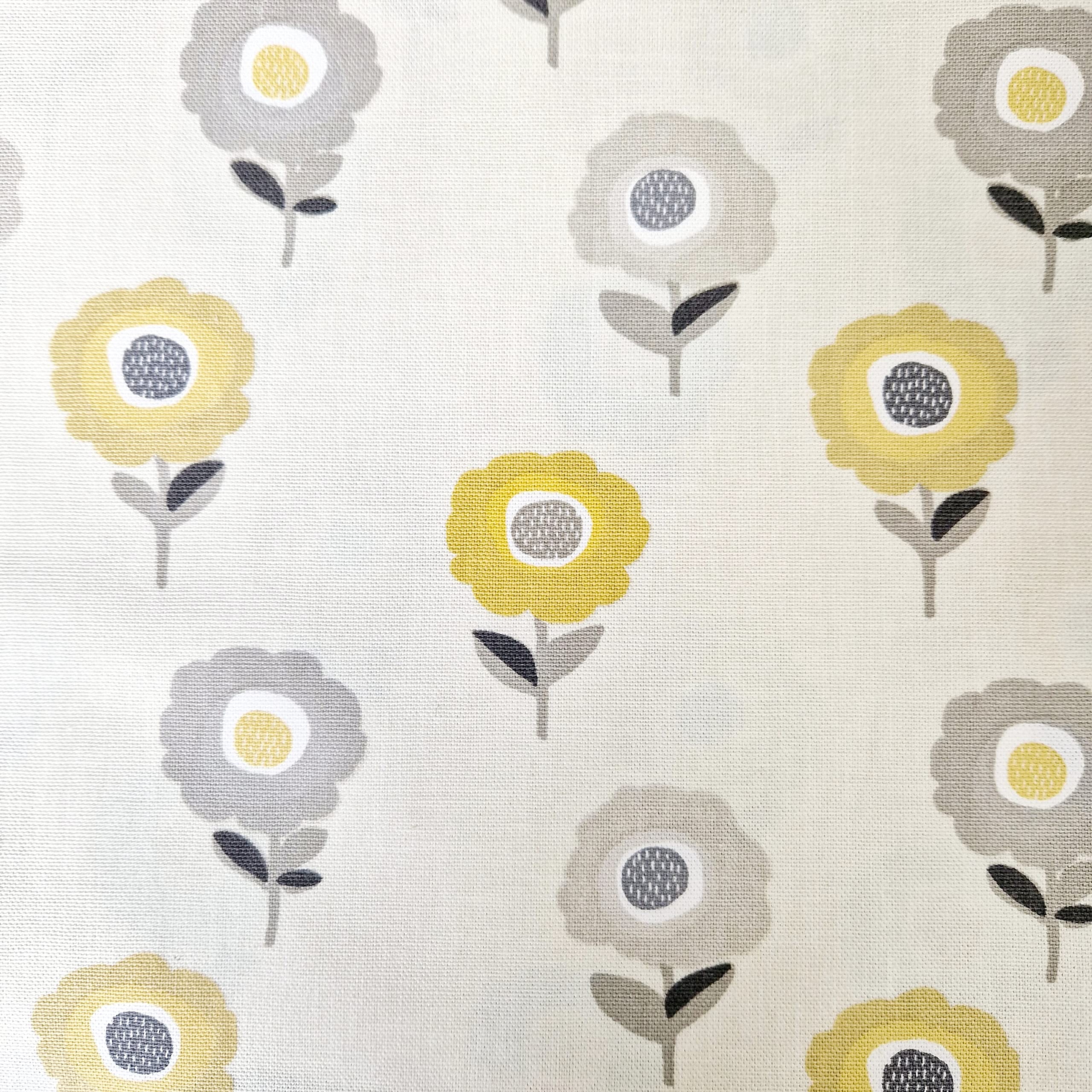 Cotton Canvas Fabric - Ochre Yellow & Grey Flowers on Cream Background - Craft Material Metre Fryetts Elsa