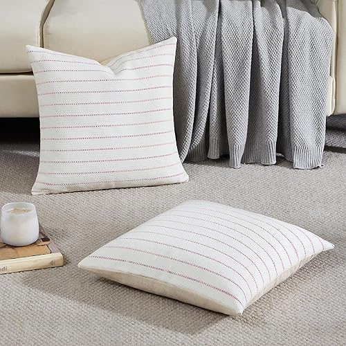 Miniatura 5 de GIGIZAZA Paquete de 2 fundas de almohada bohemias de 18 x 18 pulgadas, color rosa intenso con rayas de cerezo, fundas de cojín decorativas de lino y