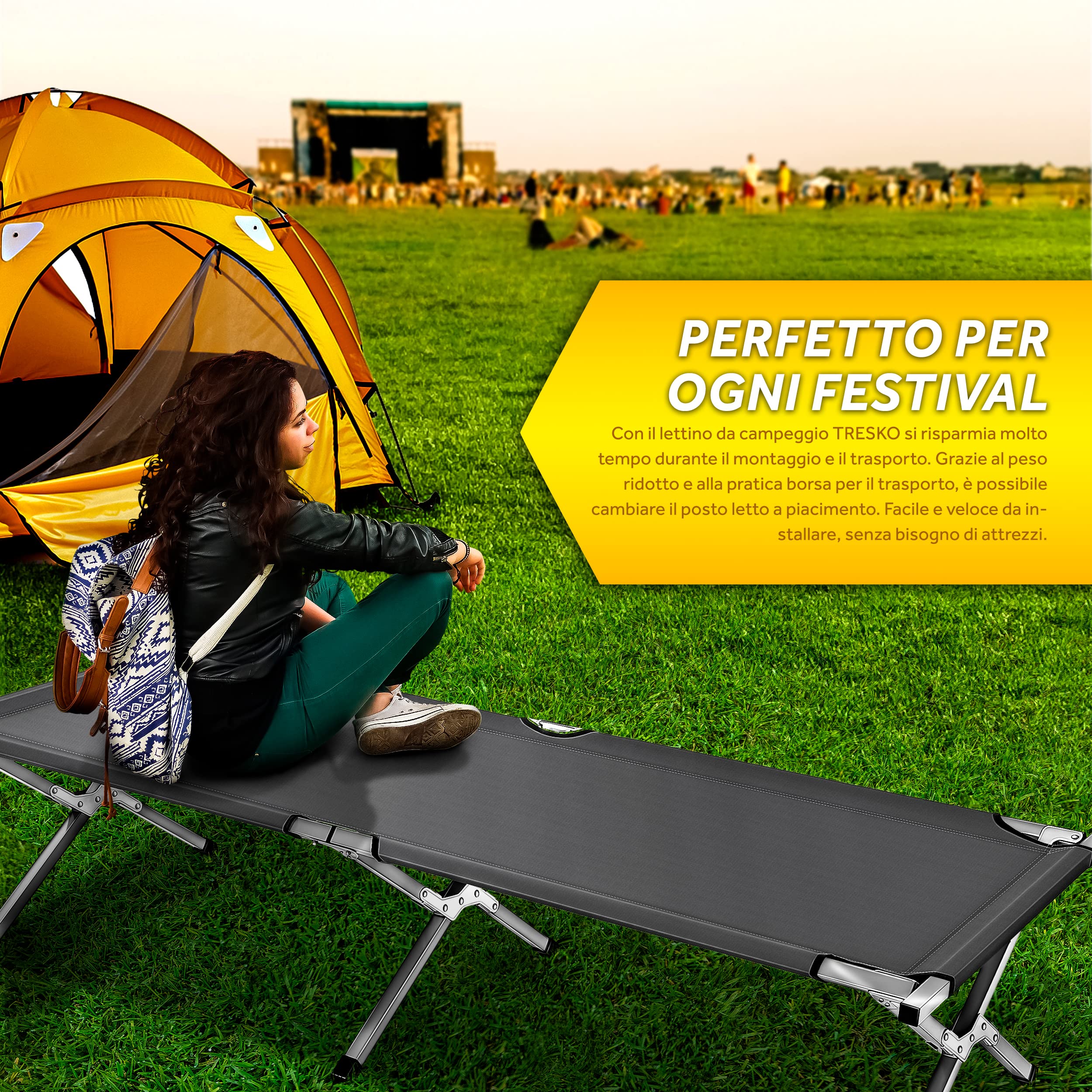 TRESKO XXL Brandina da Campeggio | Letto da Camping | Letto per Ospiti | 190 x 64 x 44 cm | Pieghevole | Tubo di Metallo | capacità Fino a 150 kg (Grigio)