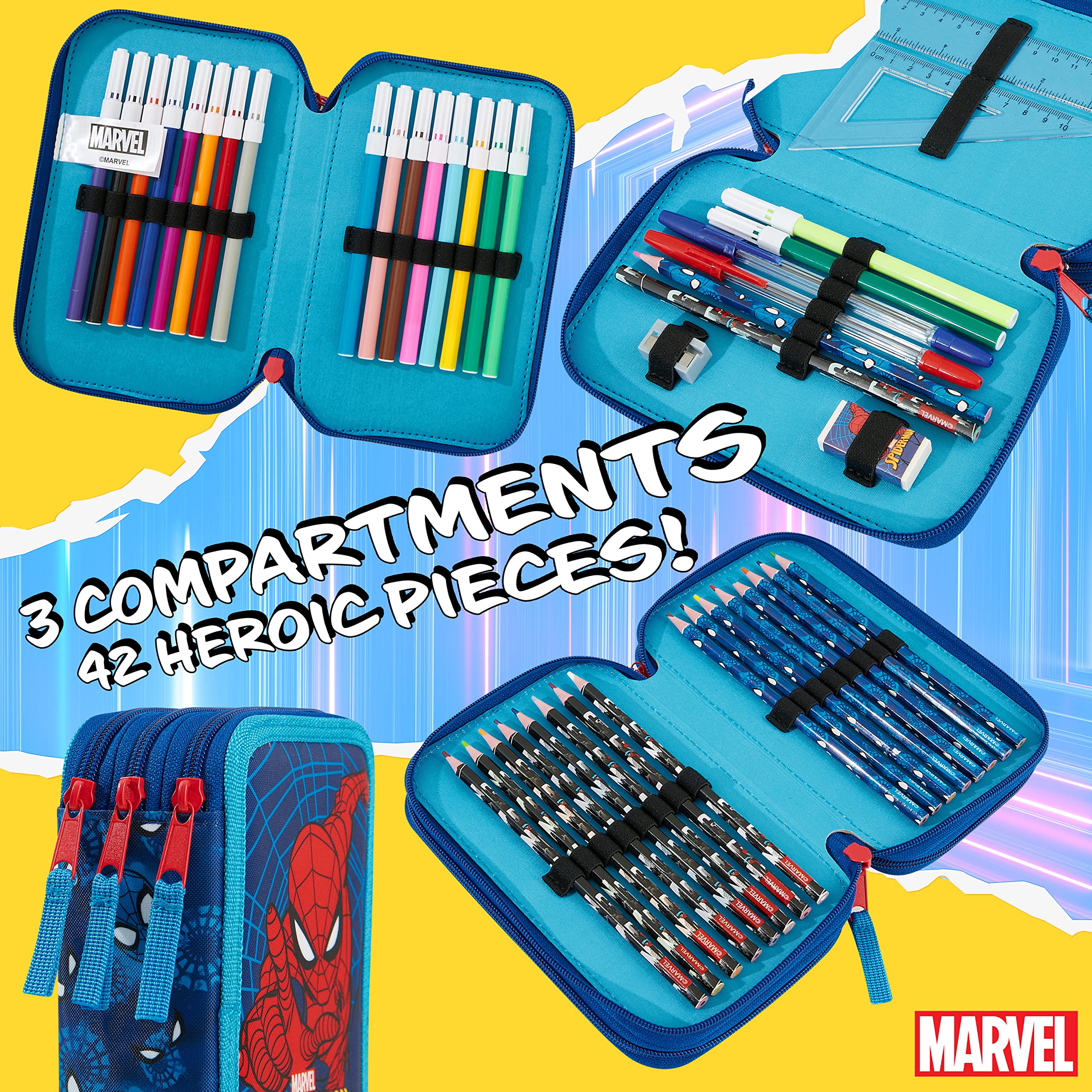 Marvel Astuccio Scuola Porta Penne Completo di Set Cancelleria Astuccio 3 Scomparti Bambino e 2 Scomparti Gadget Spiderman Avengers Ufficiale Regalo Back to School