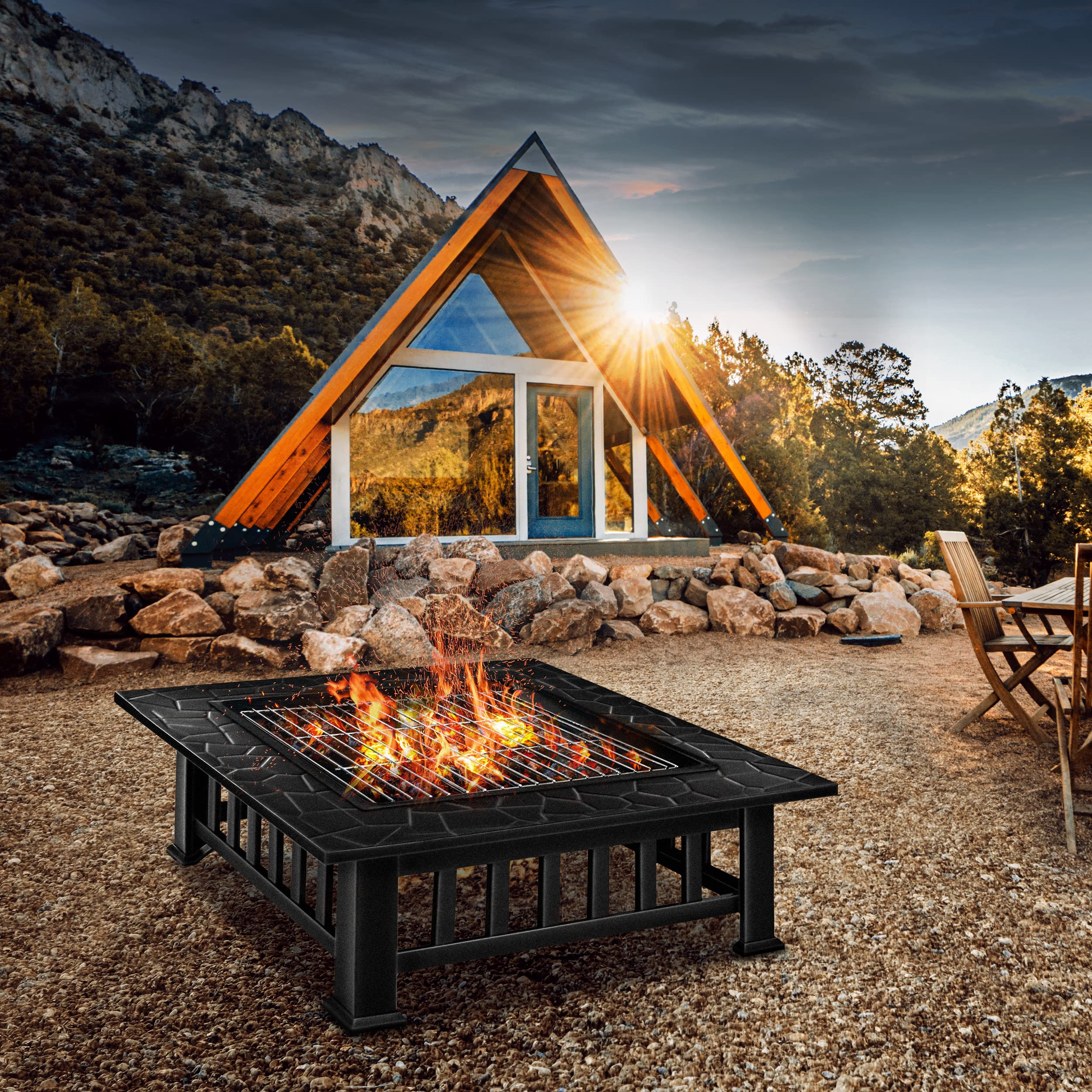 Tillvex Brasero Extérieur BBQ Jardin Terrasse Chauffage Gril Charbon Couvercle Feu Barbecue Tisonnier