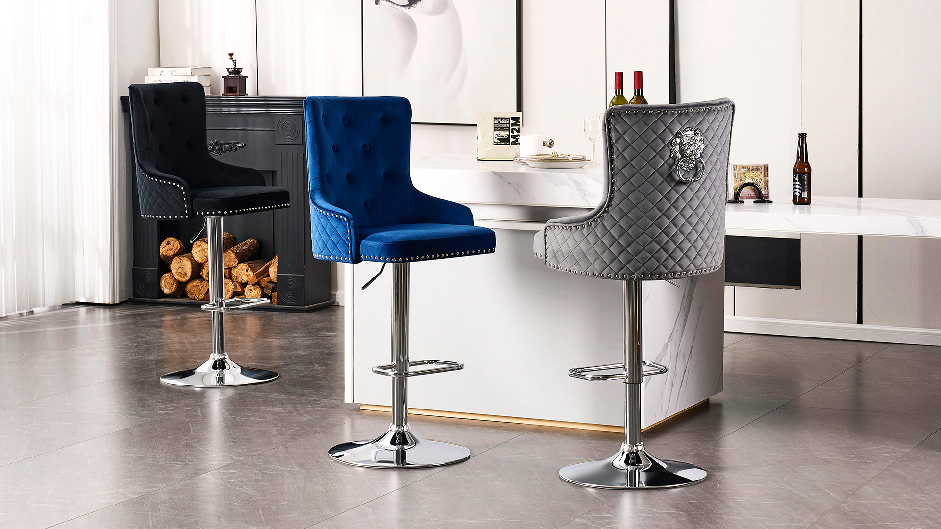 Lot 2 tabourets bar pivotants à hauteur comptoir en velours blanc avec dossier et tabouret bar cuisine pour petit-déjeuner｜Homary