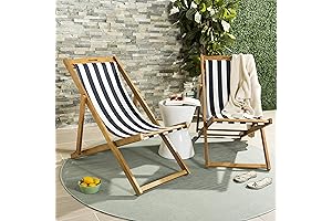 Safavieh PAT7040A-SET2 Outdoor Loren Teak Natural and Navy Stripe Foldable Sling Adirondack Chair