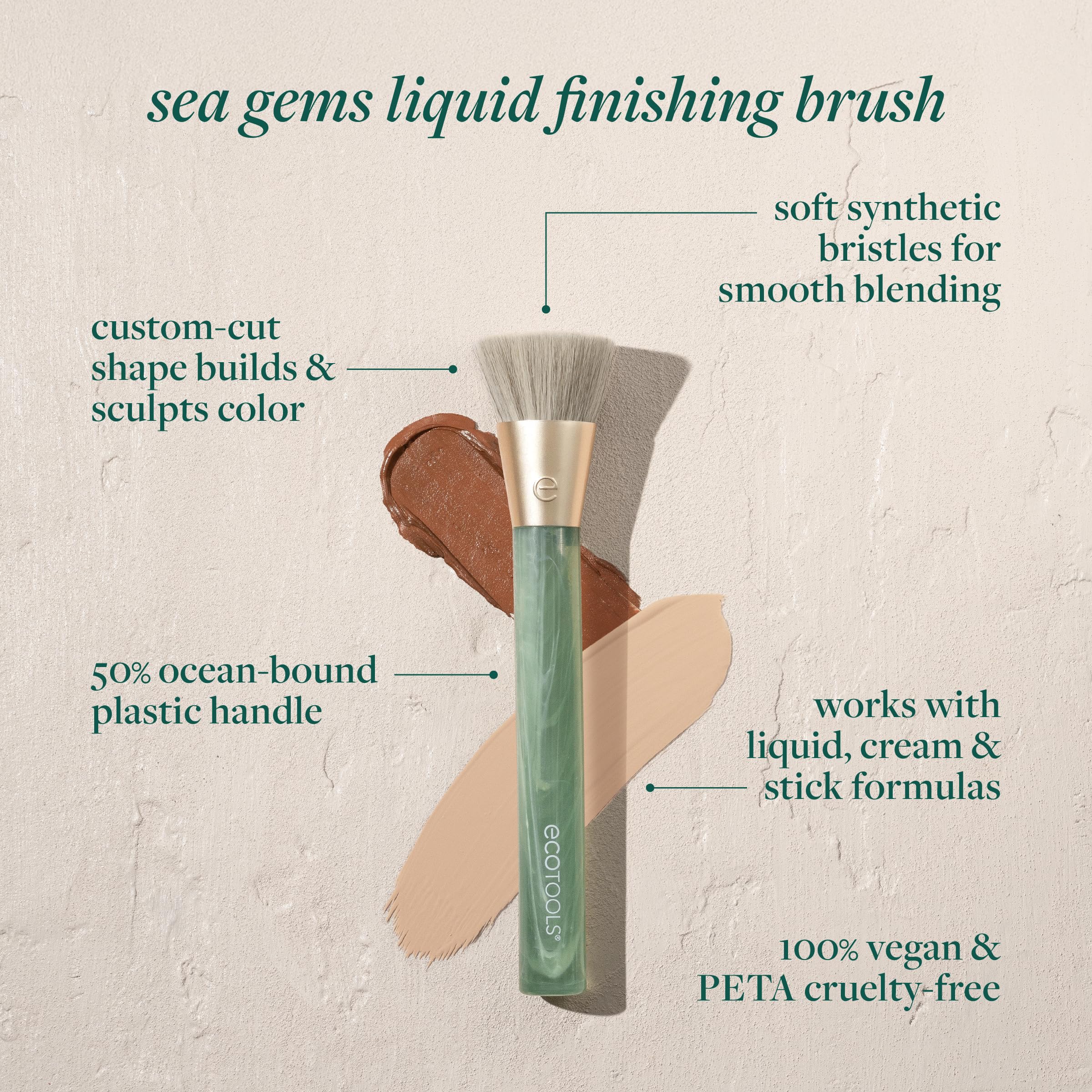 EcoTools Sea Gems Liquid & Cream Blending Brush, Foundation, Contour & Blush Makeup Brush for Smooth Buildable Coverage, Sustainable Design, Vegan & Cruelty-Free, 1 Count
