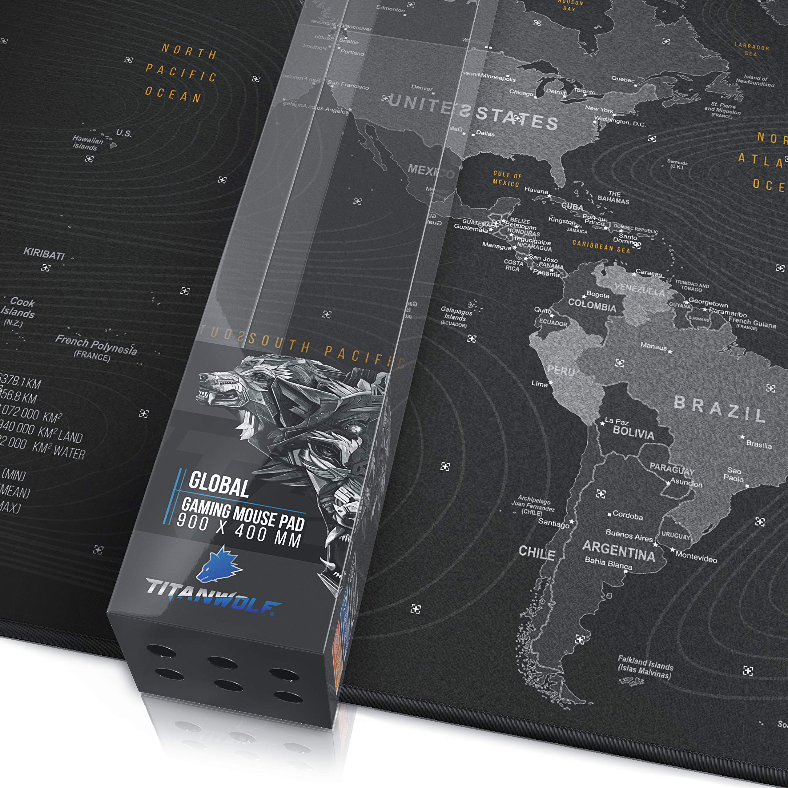 TITANWOLF XXL Tappetino per Mouse da Gioco Gaming Mousepad Extra Grande 900 x 400mm Base in Gomma Antiscivolo Spessore 3mm Nero World Map