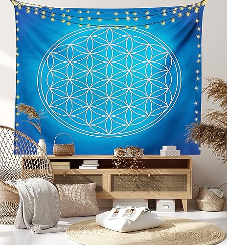 Miniatura 7 de Ambesonne Tapiz geométrico, patrón de cuadrícula de flores de la vida que consta de tipos de círculos superpuestos, colgante de pared ancho para