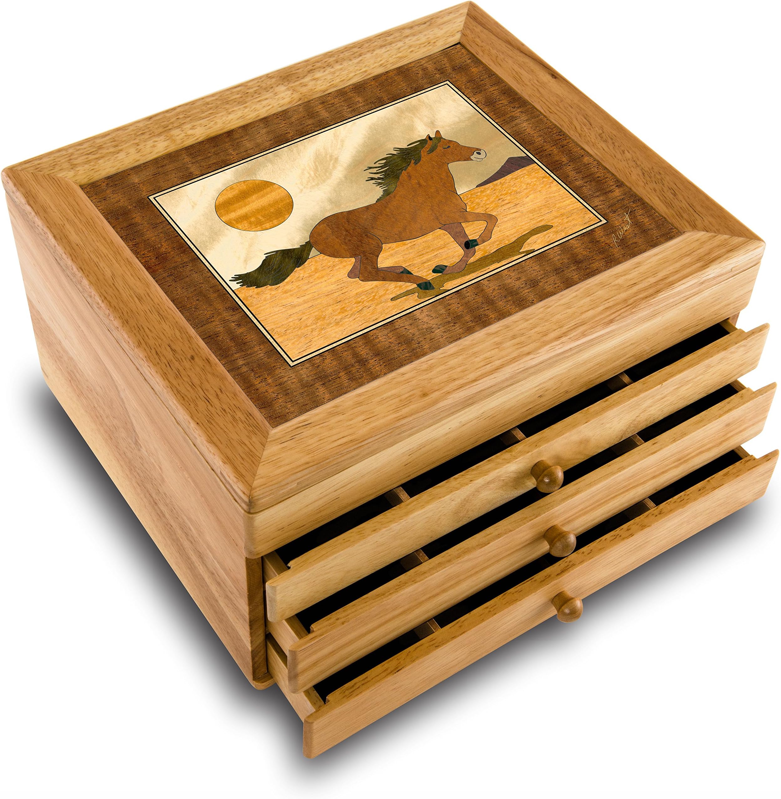 Horse Wood Art Jewelry Box & Gift - Handmade USA - Unmatched Quality - Unique, No Two are the Same - Original Work of Wood Art (#6128 Stallion 2 Drawer)