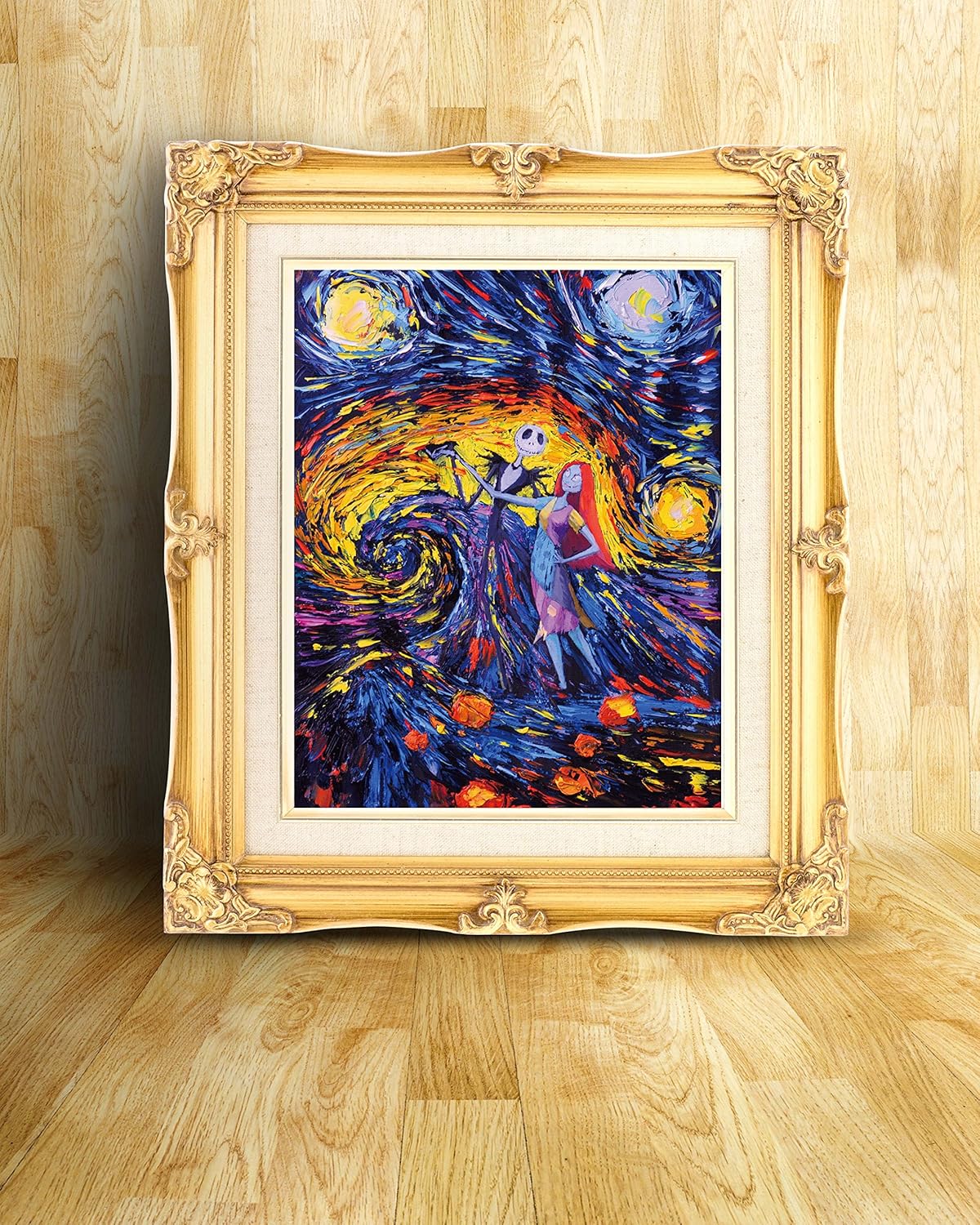 Uhomate Starry Night Poster - Nightmare Before Christmas Jack & Sally Wall Art, Handmade Cotton Canvas, 13X19 inch, Unframed, Living Room Decor