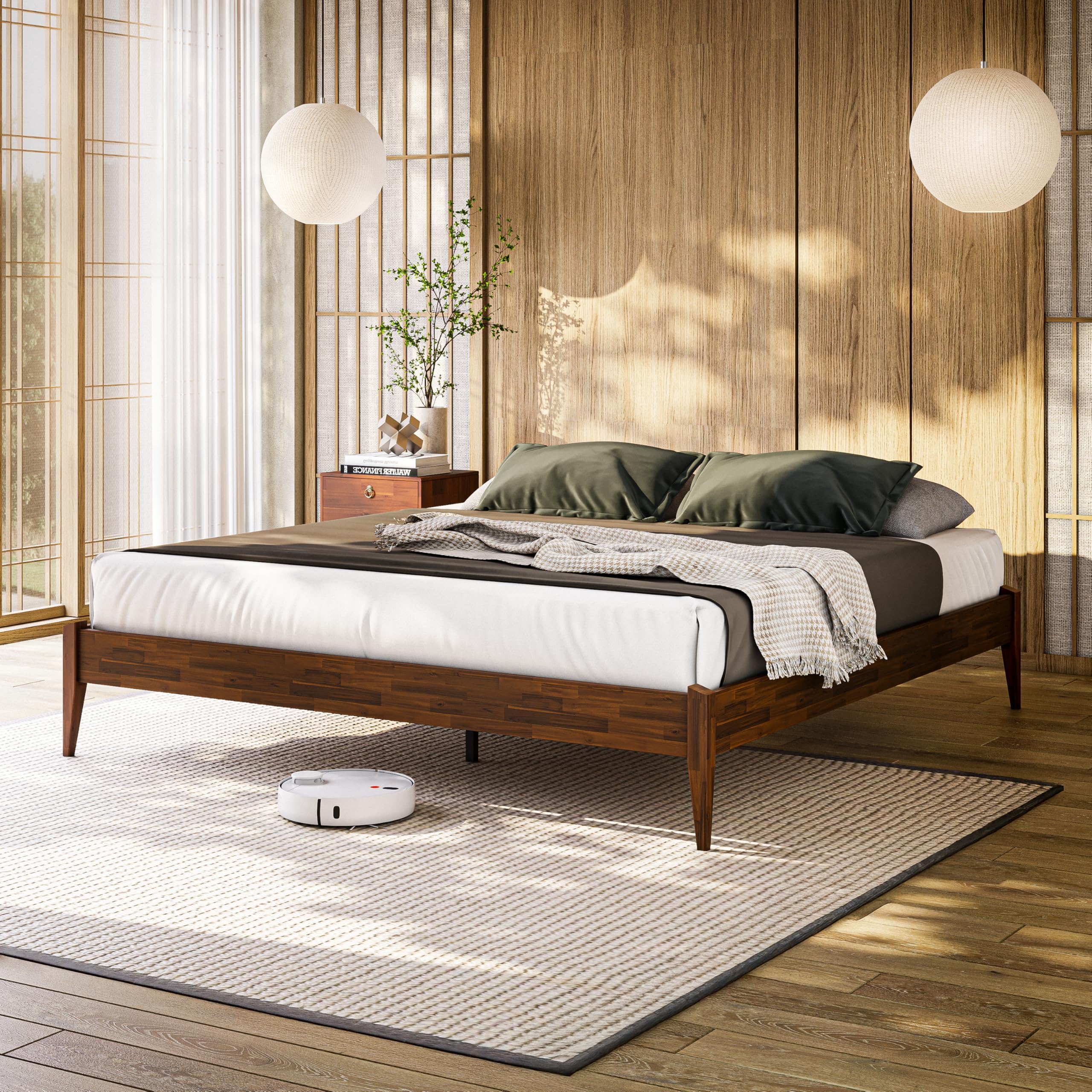 Bme Dinkee King Size Bed Frame, 15 Inch High Platform, Modern Minimalist Style, Durable Wood Slat, Easy Assembly, No Box Spring Required, Chocolate Finish