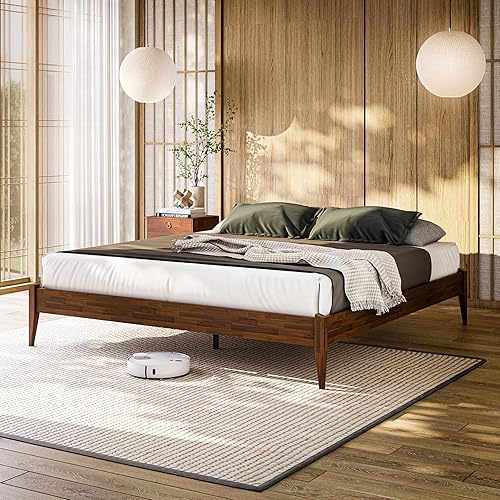 Miniatura 28 de Bme Dinkee Marco de cama característico de 15 pulgadas sin cabecero - Estilo moderno y minimalista con madera de acacia - 12 soportes de listones de