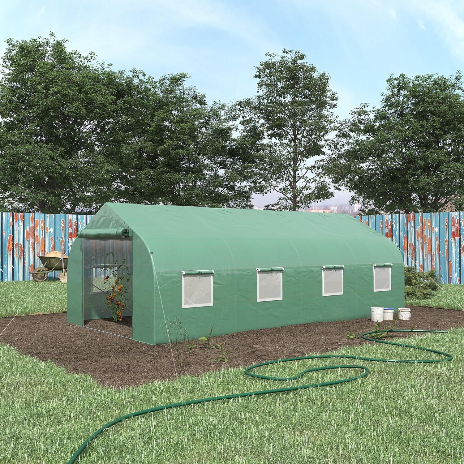 Diagram showing selected materials for the greenhouse, including PE cover, inclined support tube, and galvanized steel frame.