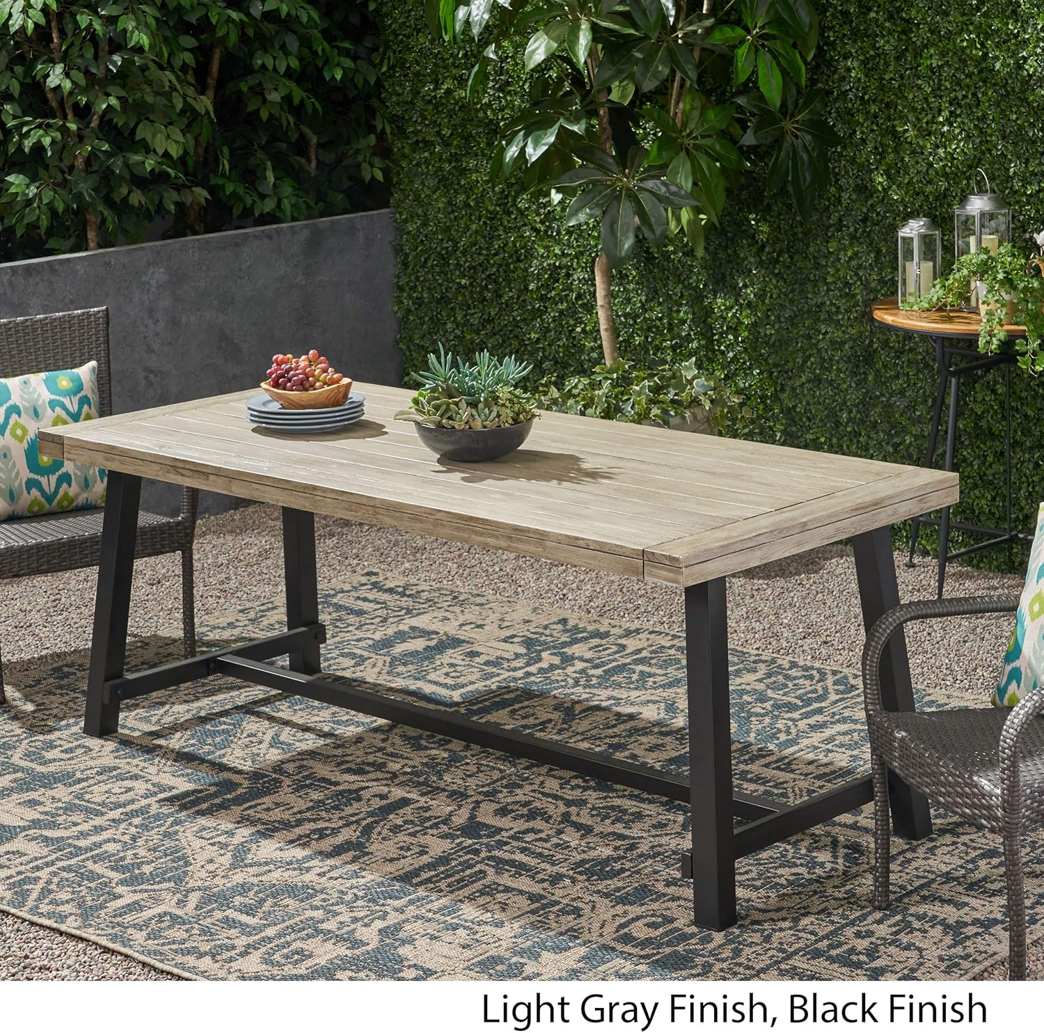 Sleek Acacia Wood & Metal Frame Outdoor Dining Table, Light Gray/Black