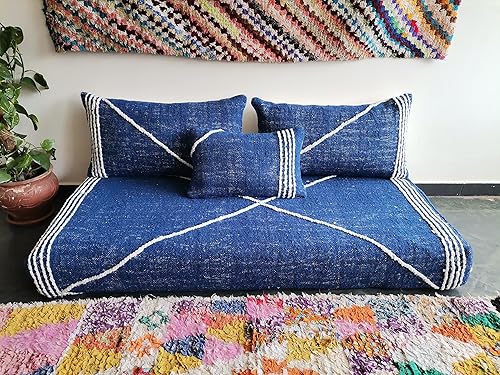 FoamRush Sofá marroquí de 6 x 28 x 48 pulgadas, cuerda texturizada tejida azulcrema con espuma de alta densidad, sofá biplaza sin brazos, sofá de
