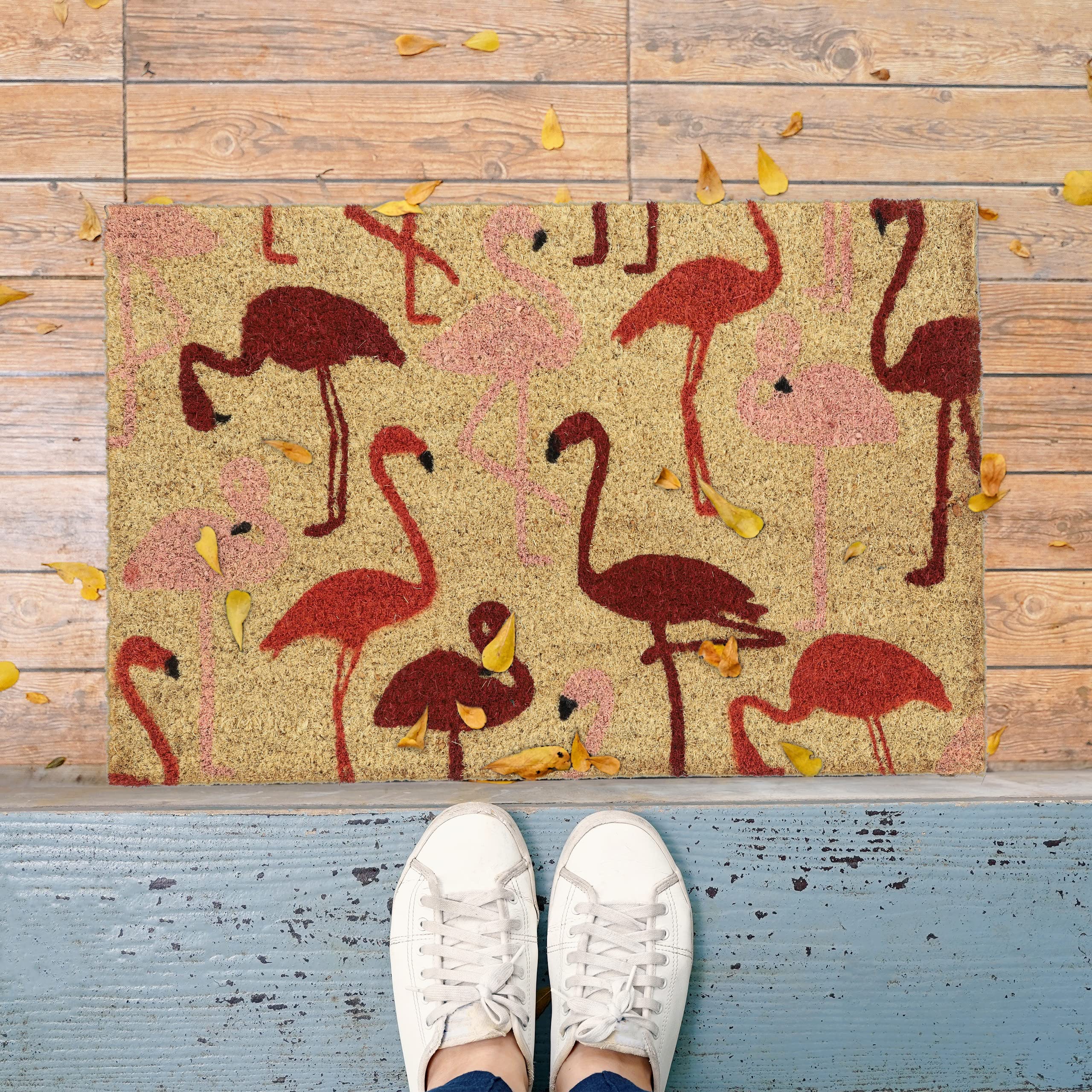 Relaxdays Felpudo Entrada Casa, Coco, Alfombrilla Flamencos, 40x60 cm, Antideslizante, Interior y Exterior, Natural/Rojo