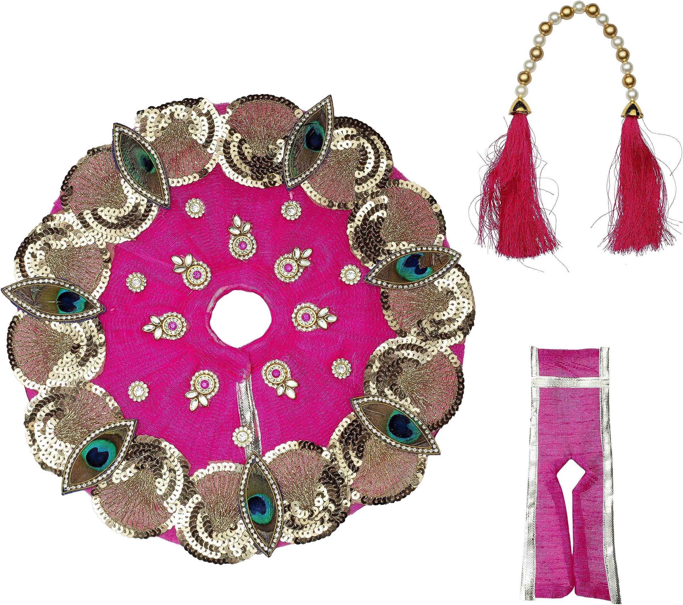 Designer God dress with dupatta Lord Krishan Ladu Laddu Gopal Kanaiya Bal Krishna Dress Poshak Vastra for Little Metal Idol Statue for Holi Festival Pooja Decoration (Size:- 10" Inches)(Pink)