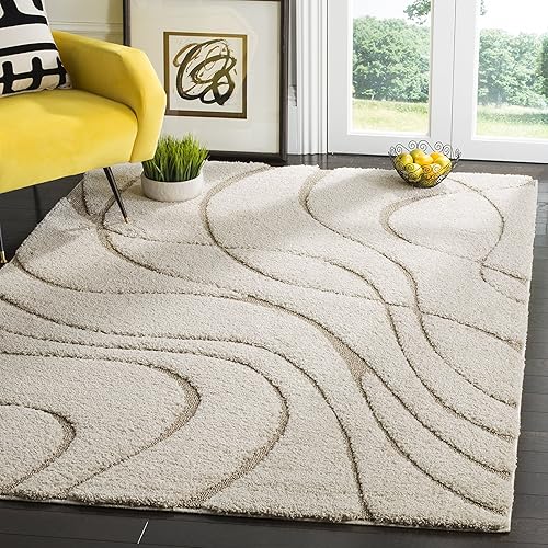 SAFAVIEH Colección Florida Shag SG471 - Alfombra con ondas abstractas de 5'3" x 7'6", color cremabeige, para sala de estar, dormitorio, comedor,