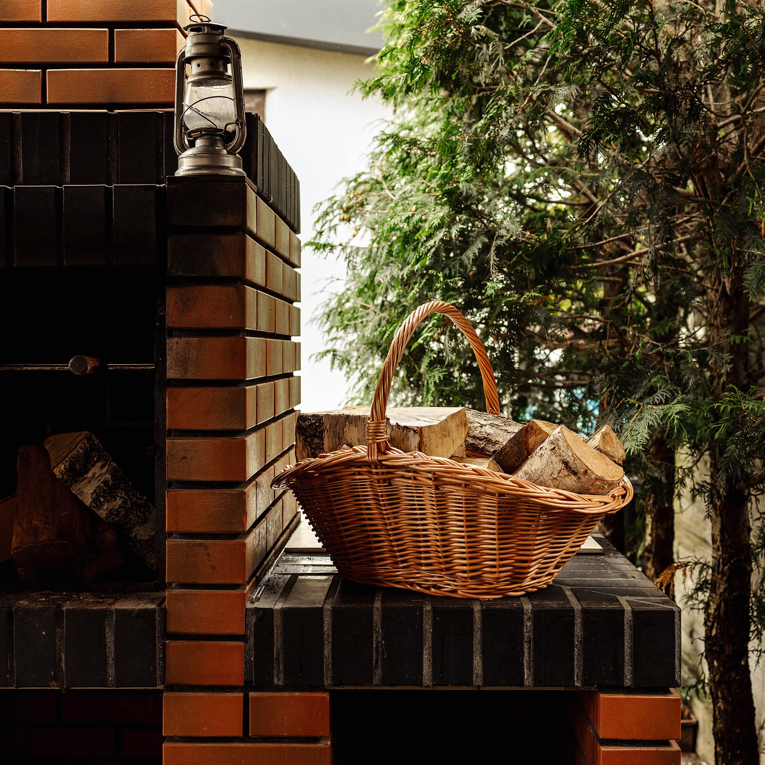 Creative Home Groß Holztrage Rattan Kaminholzkorb Kaminkorb Tragekorb | 60 x 40 x 39 cm | Aufbewahrung Oval Holzkorb Weidenkorb für Kaminholz/Holz | Braun Dick Weide Feuerholzkorb