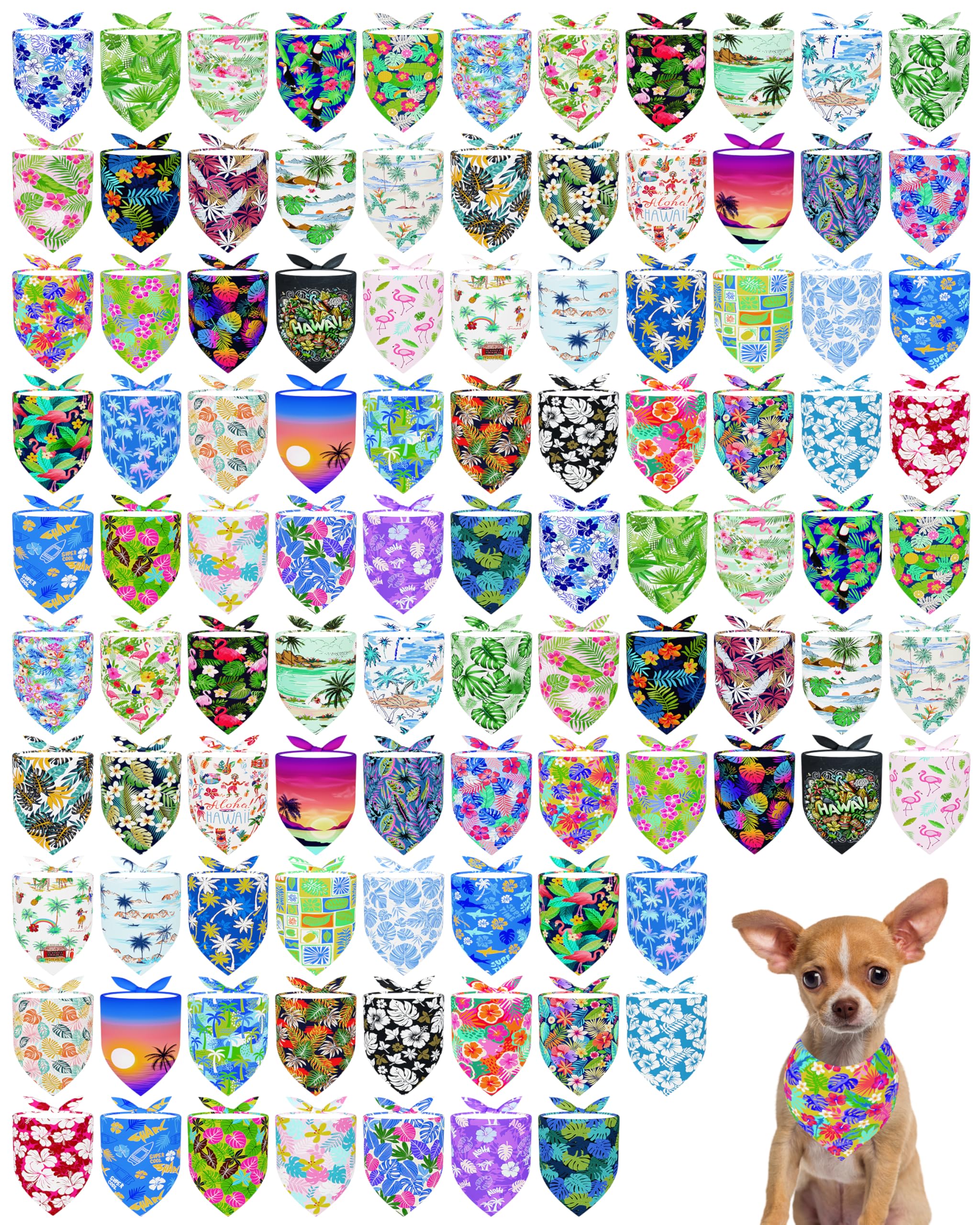 PET SHOW 100 Pack Hawaiian No Seam Dog Bandanas Bulk XS for Small Dogs