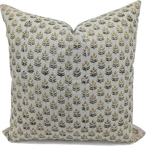 Fabritual Artistic Handmade Floral Block Print Pure Linen 24x24 Inch Throw Pillo