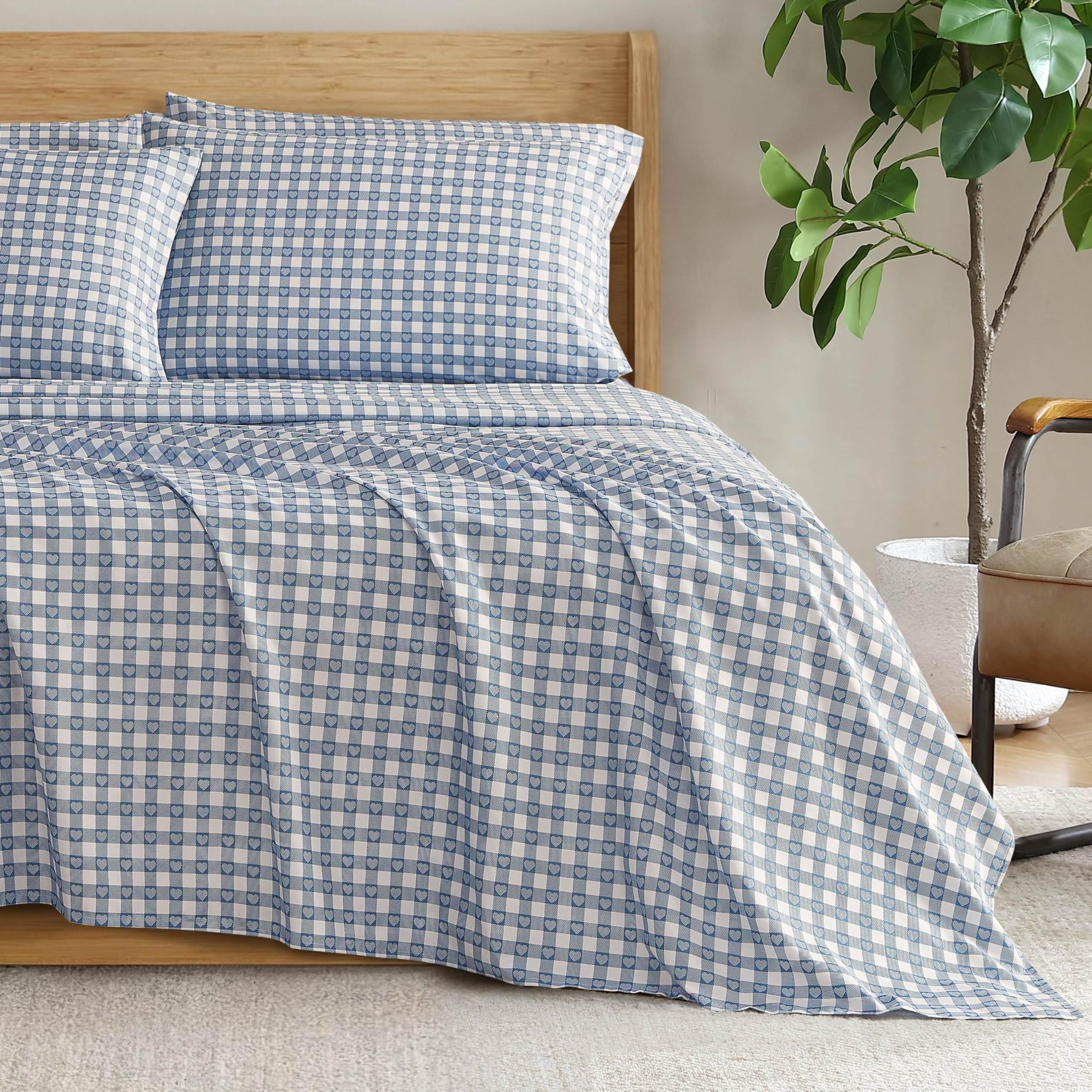 Jessica Simpson Heart Gingham Microfiber Sheet Set with Extra Pillowcases, Soft Lightweight 100% Polyester Bedding, Blue, Twin