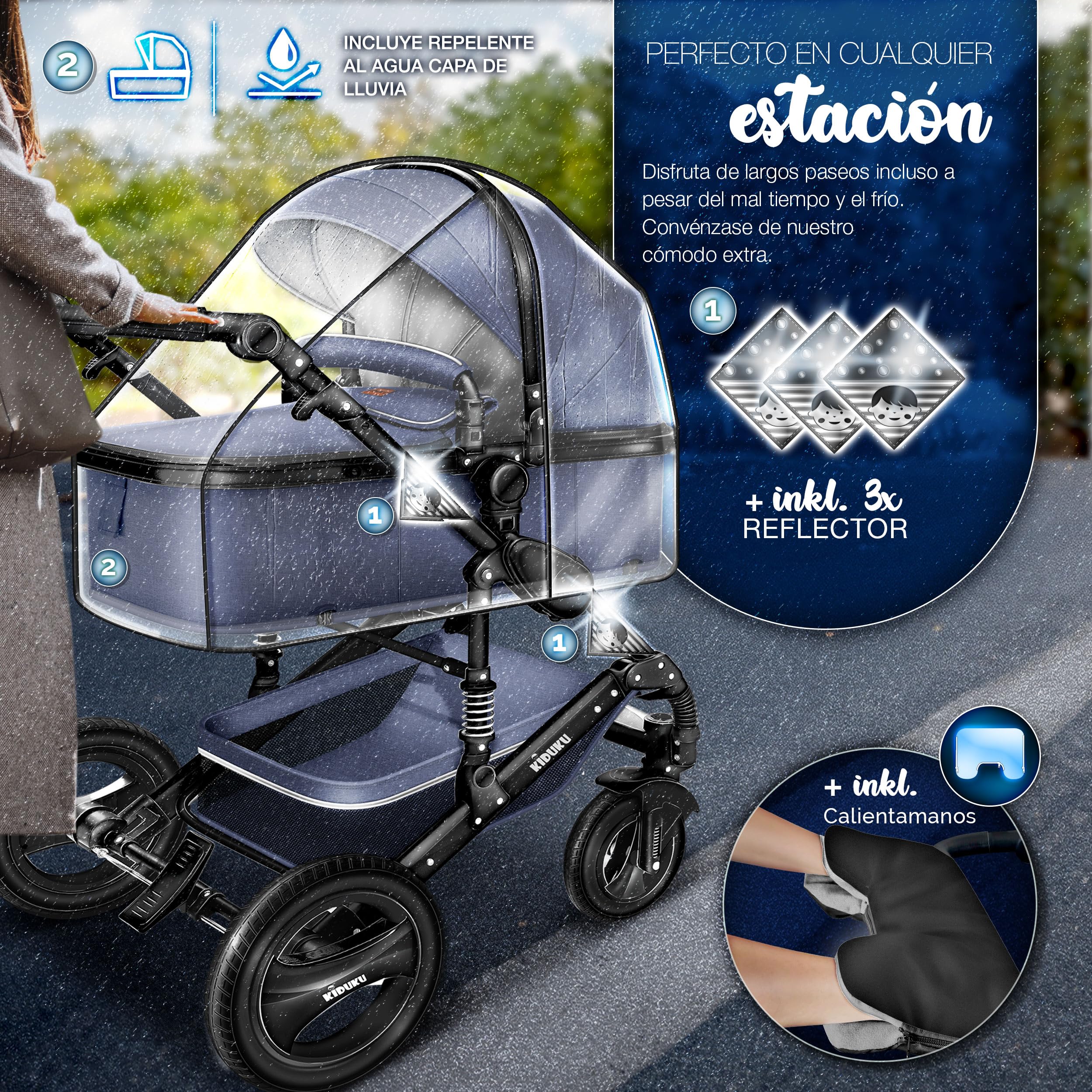 KIDUKU® Carrito de Bebé 3 en 1 | Silla de Paseo para Niños | Carricoche de 3 Piezas | Capazo, Cambiador, Cubrepiés | Sillita Coche Ligera Infantil ECE R129