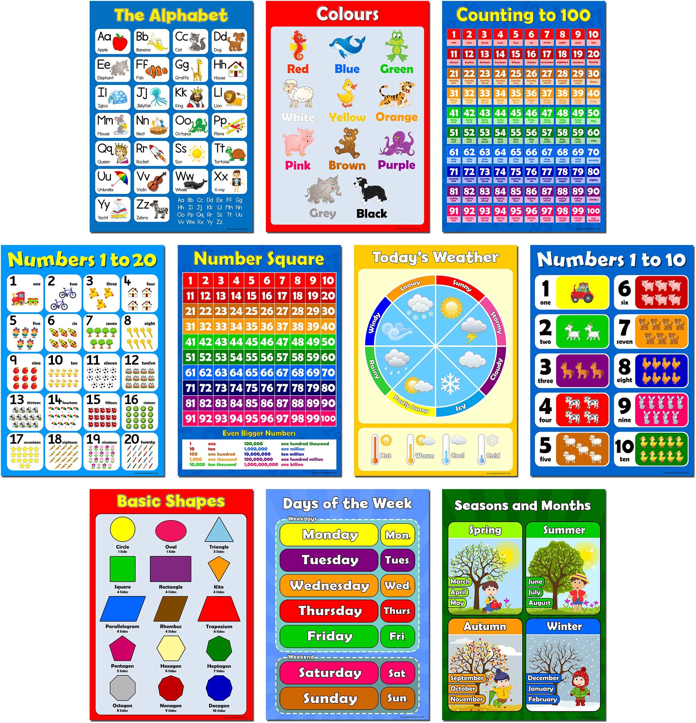 PRESCHOOL EDUCATIONAL GLOSSY POSTERS for Kids, Toddler, Nursery, Kindergarten, Early Learning, Classroom Wall Chart Childrens Set Pack - Day care, Home school - Alphabet, Counting, Numbers