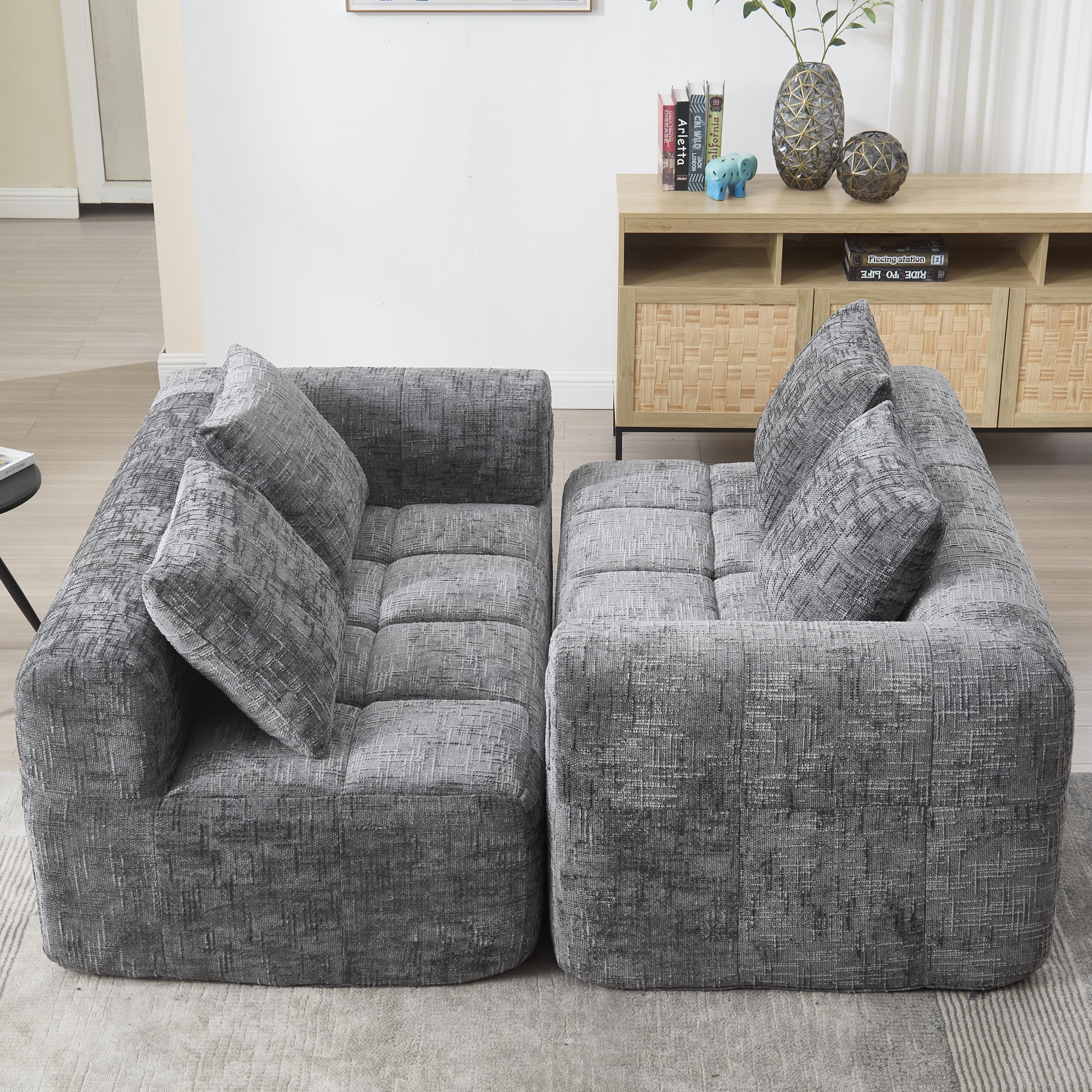 YESGIGA Bequemes Chaiselongue-Sofa, kein Zusammenbau erforderlich, weiches Sofa mit Kissen, Seitentaschen für Fernbedienung und Mobiltelefon (Grau 2 Sitzer)