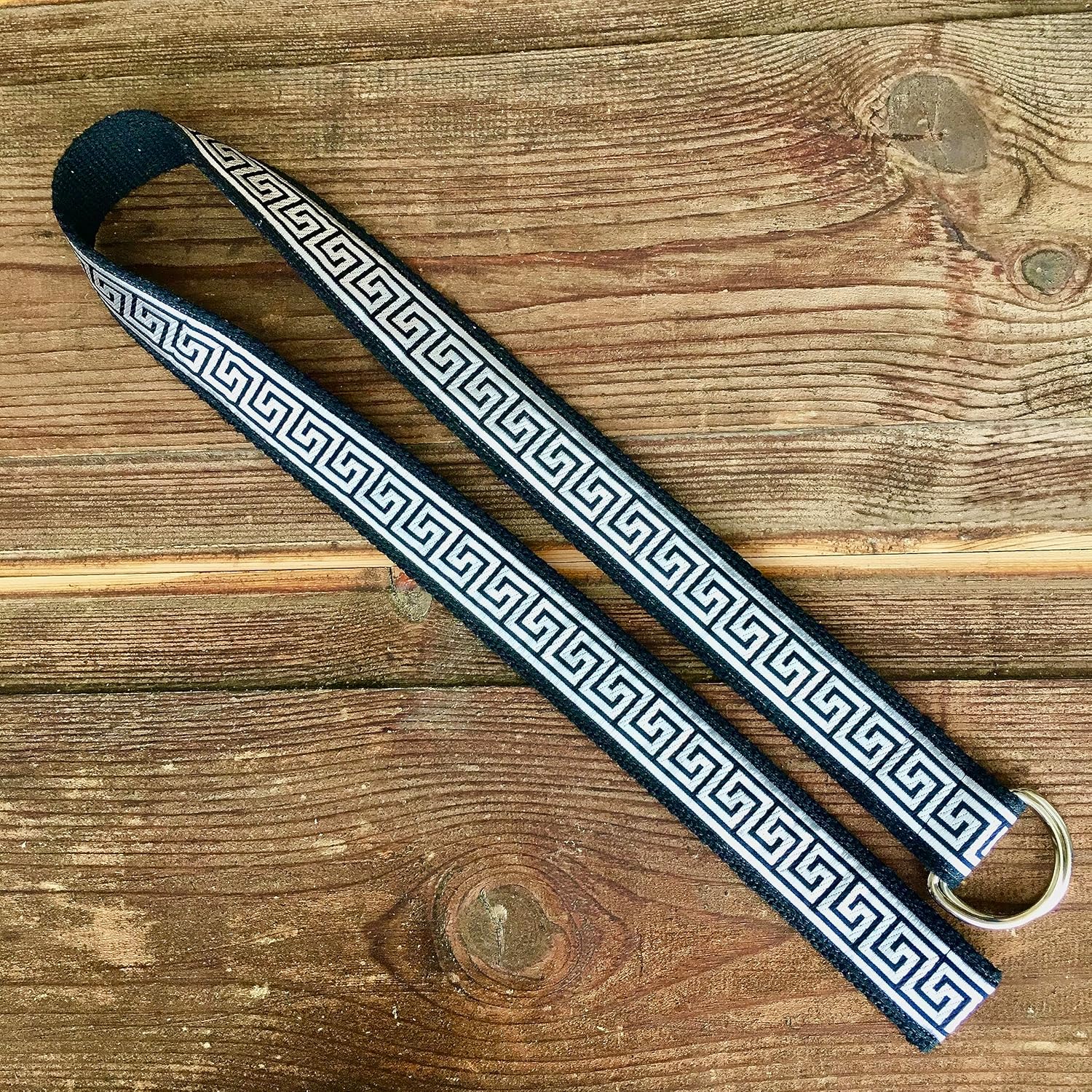 Greek Key Jacquard Trim Belt, Handmade D Ring Ribbon Belts, Black and Silver Gray Waist Accessories for Men or Women, Belts